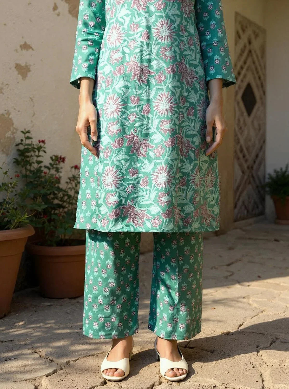 Buy Rayon Printed Straight Calf Length Kurta with Pant-Green