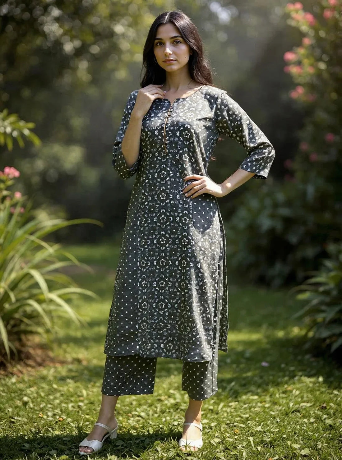 Buy Rayon Printed Straight Calf Length Kurta with Pant-Grey