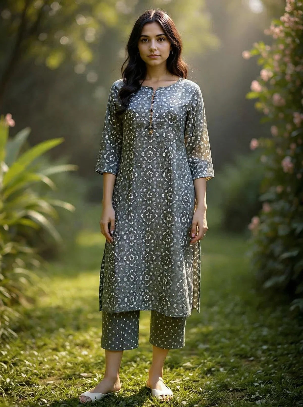 Buy Rayon Printed Straight Calf Length Kurta with Pant-Grey