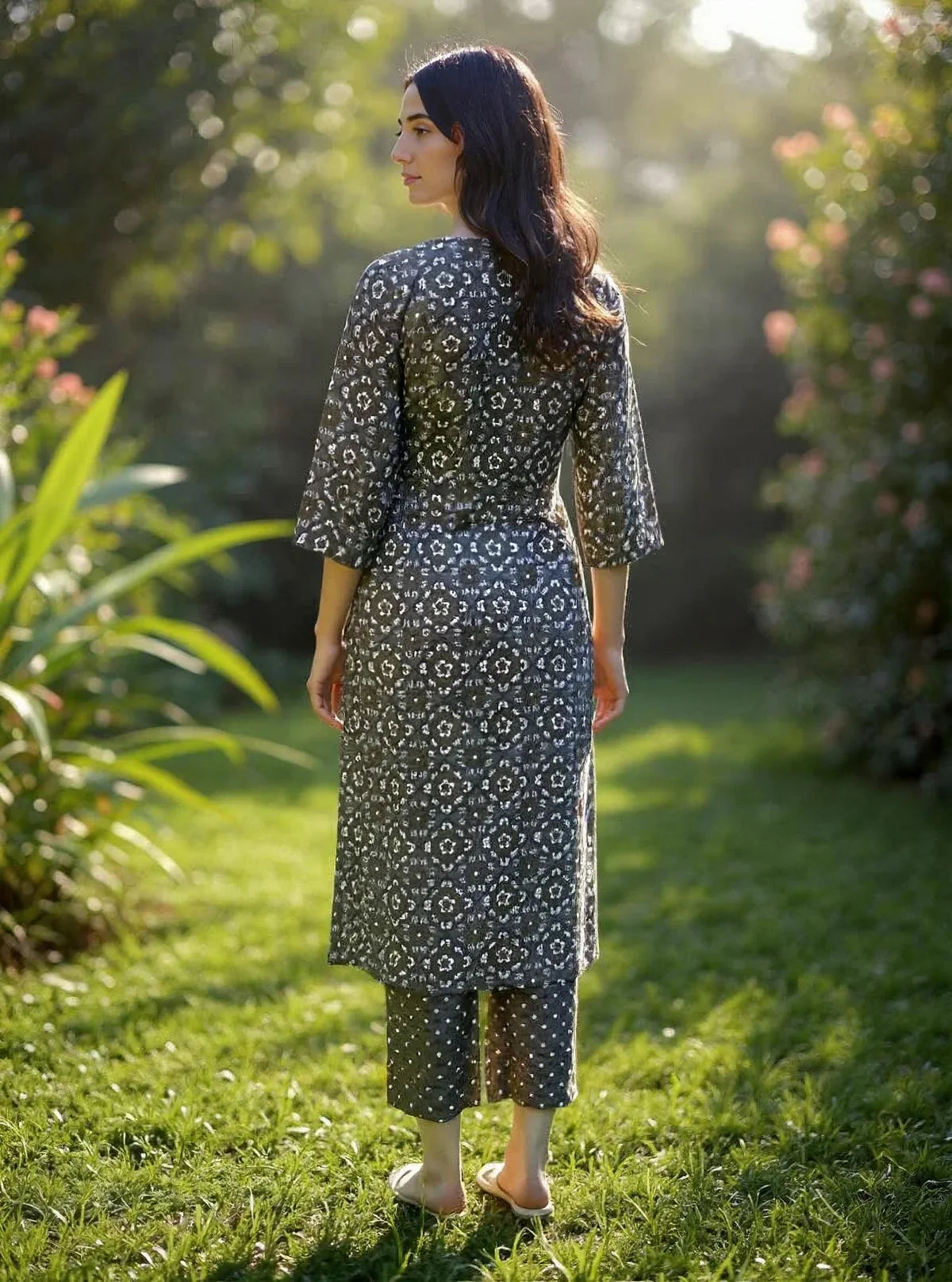 Buy Rayon Printed Straight Calf Length Kurta with Pant-Grey