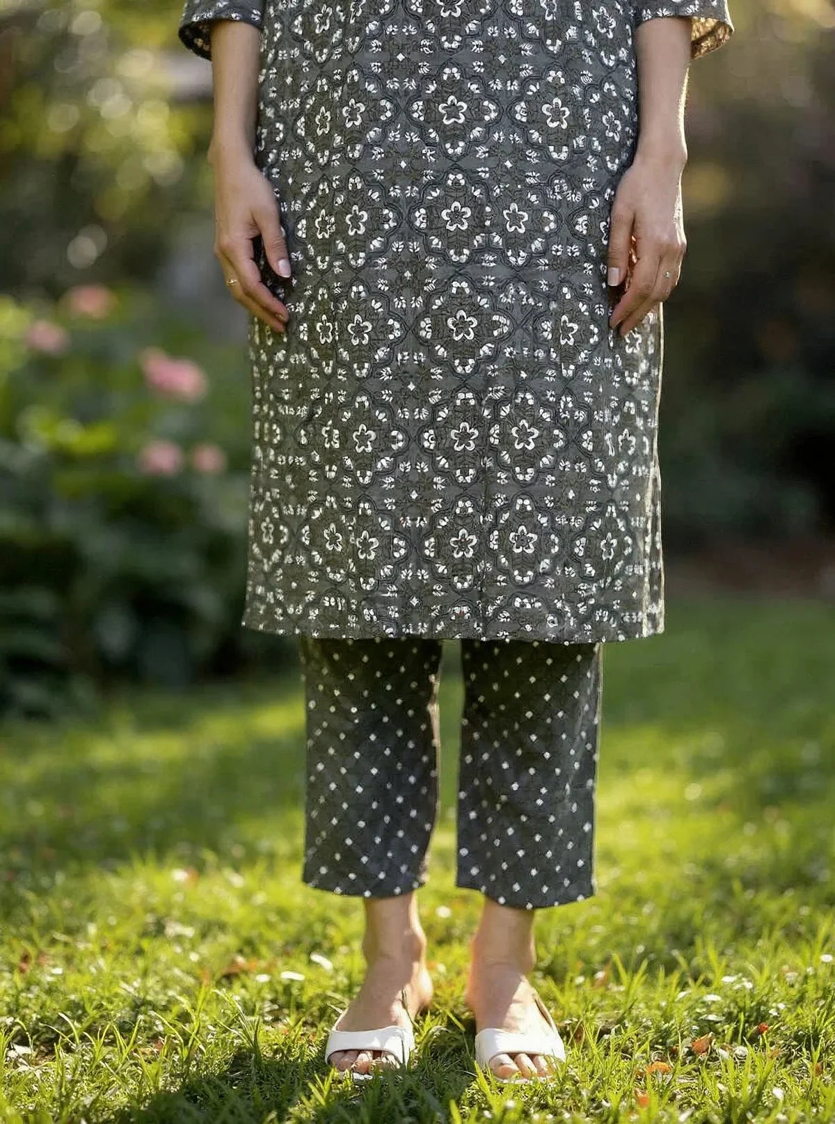 Buy Rayon Printed Straight Calf Length Kurta with Pant-Grey
