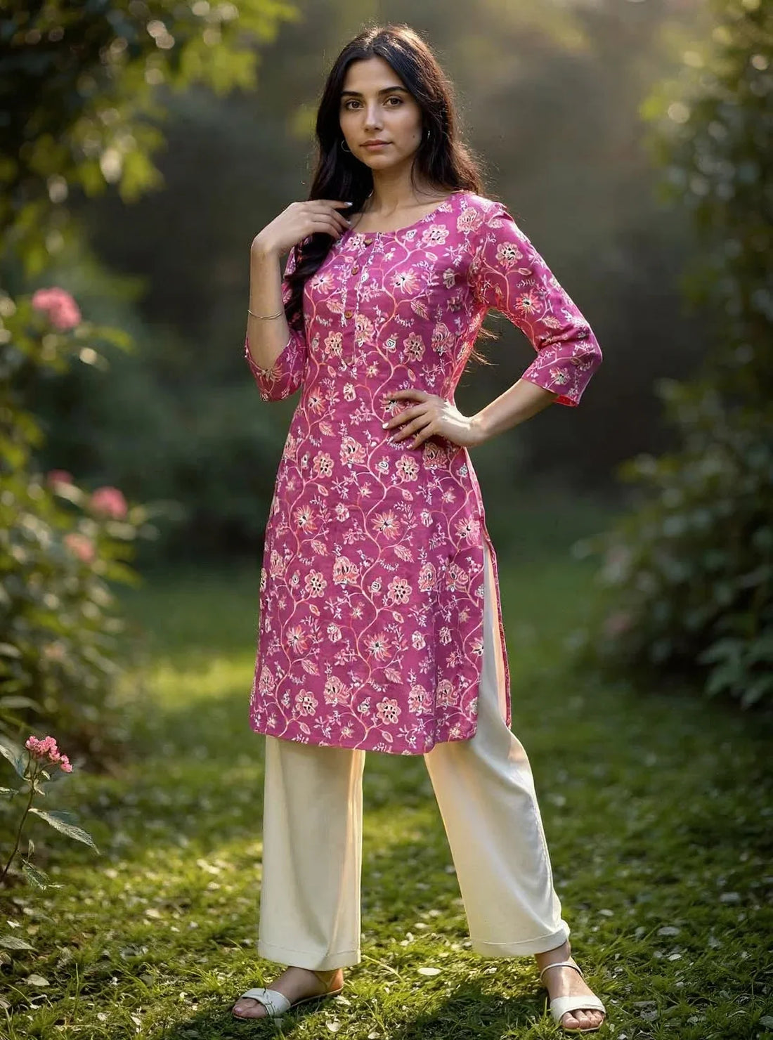 Buy Rayon Printed Straight Knee Length Kurta-Pink
