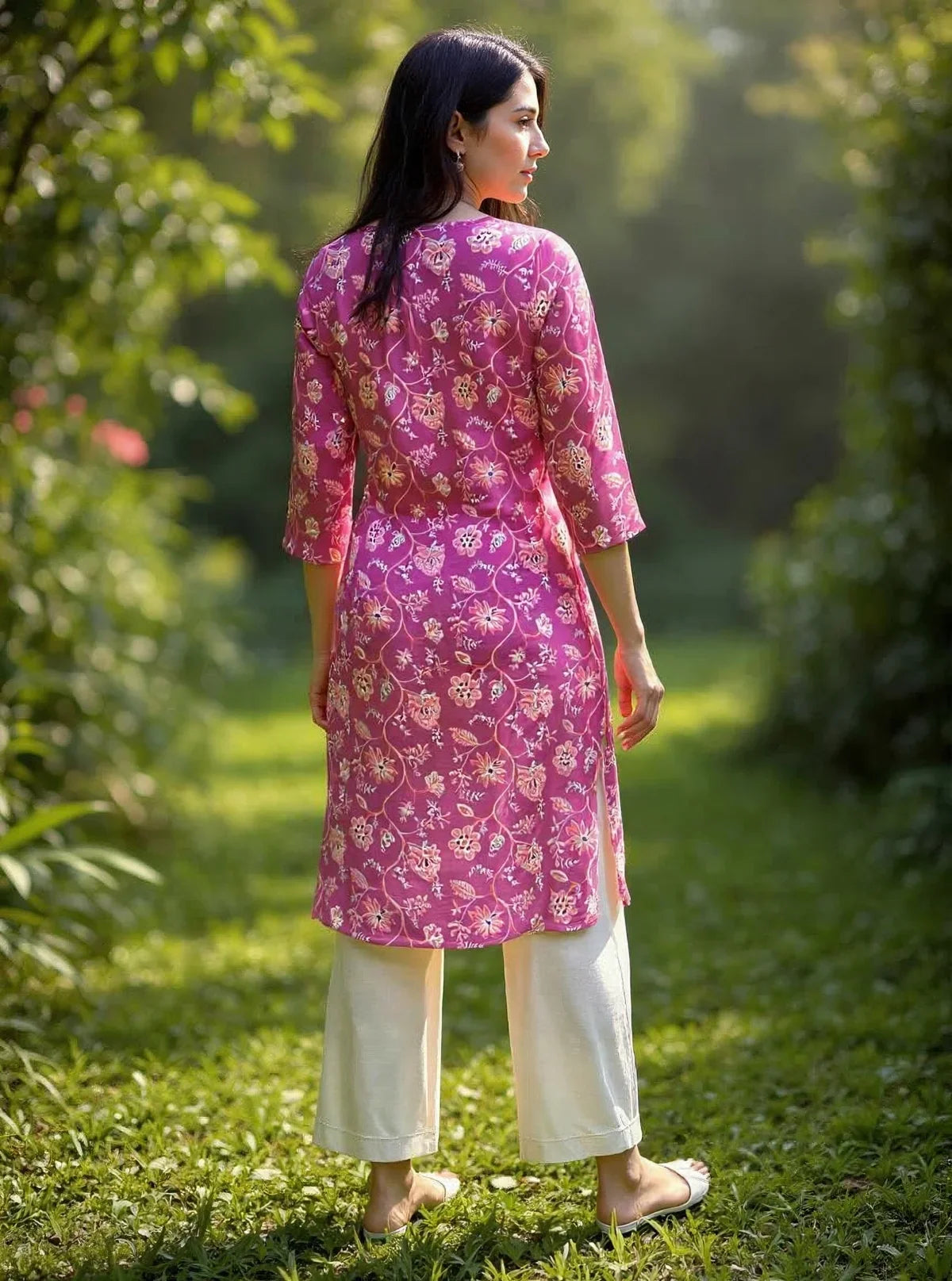 Buy Rayon Printed Straight Knee Length Kurta-Pink