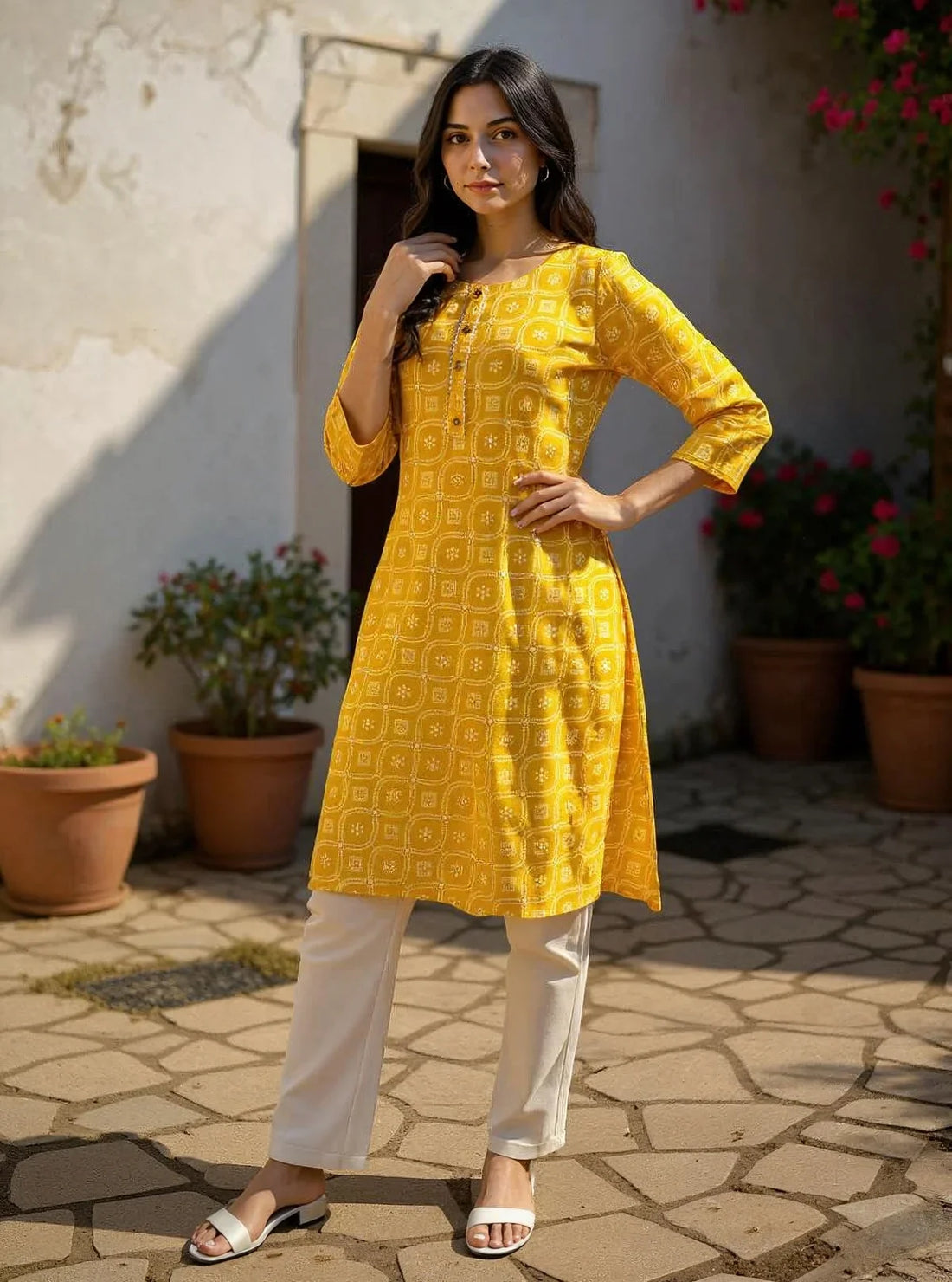 Buy Cotton Printed Straight Calf Length Kurta-Yellow