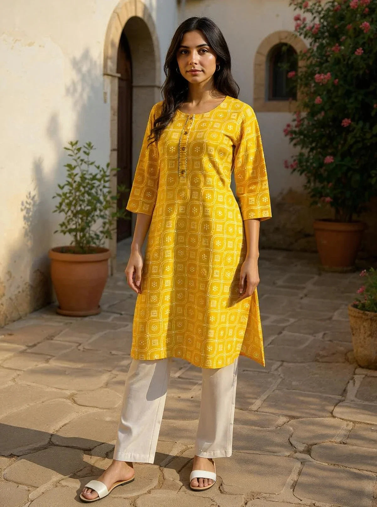 Buy Cotton Printed Straight Calf Length Kurta-Yellow