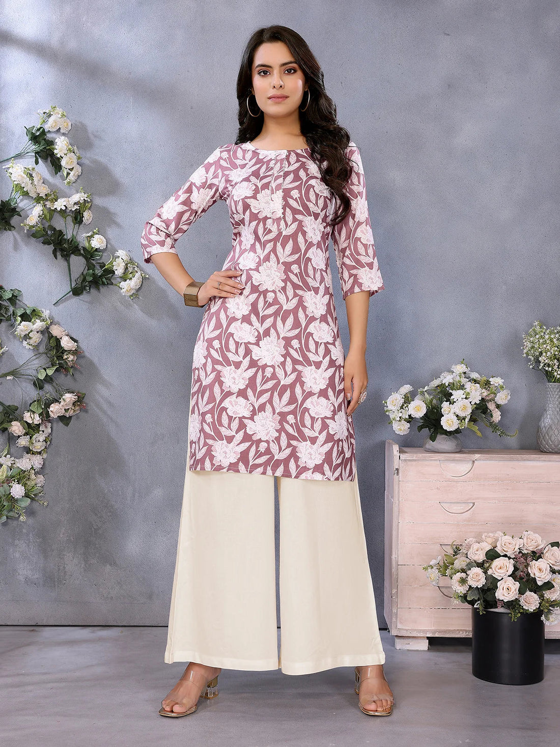 Buy Rayon Printed Straight Knee Length Kurta-Mauve