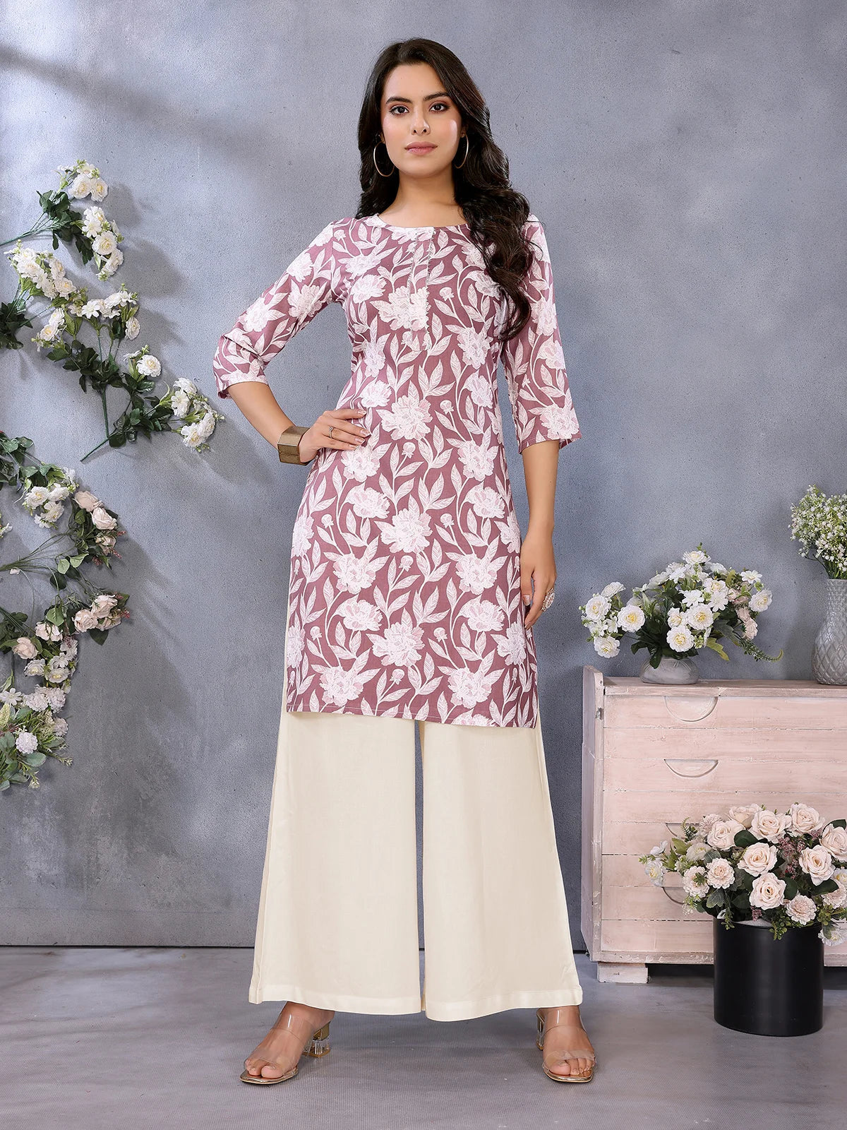 Buy Rayon Printed Straight Knee Length Kurta-Mauve