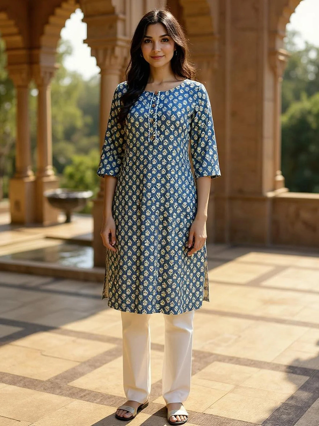 Buy Rayon Printed Straight Knee Length Kurta-Blue