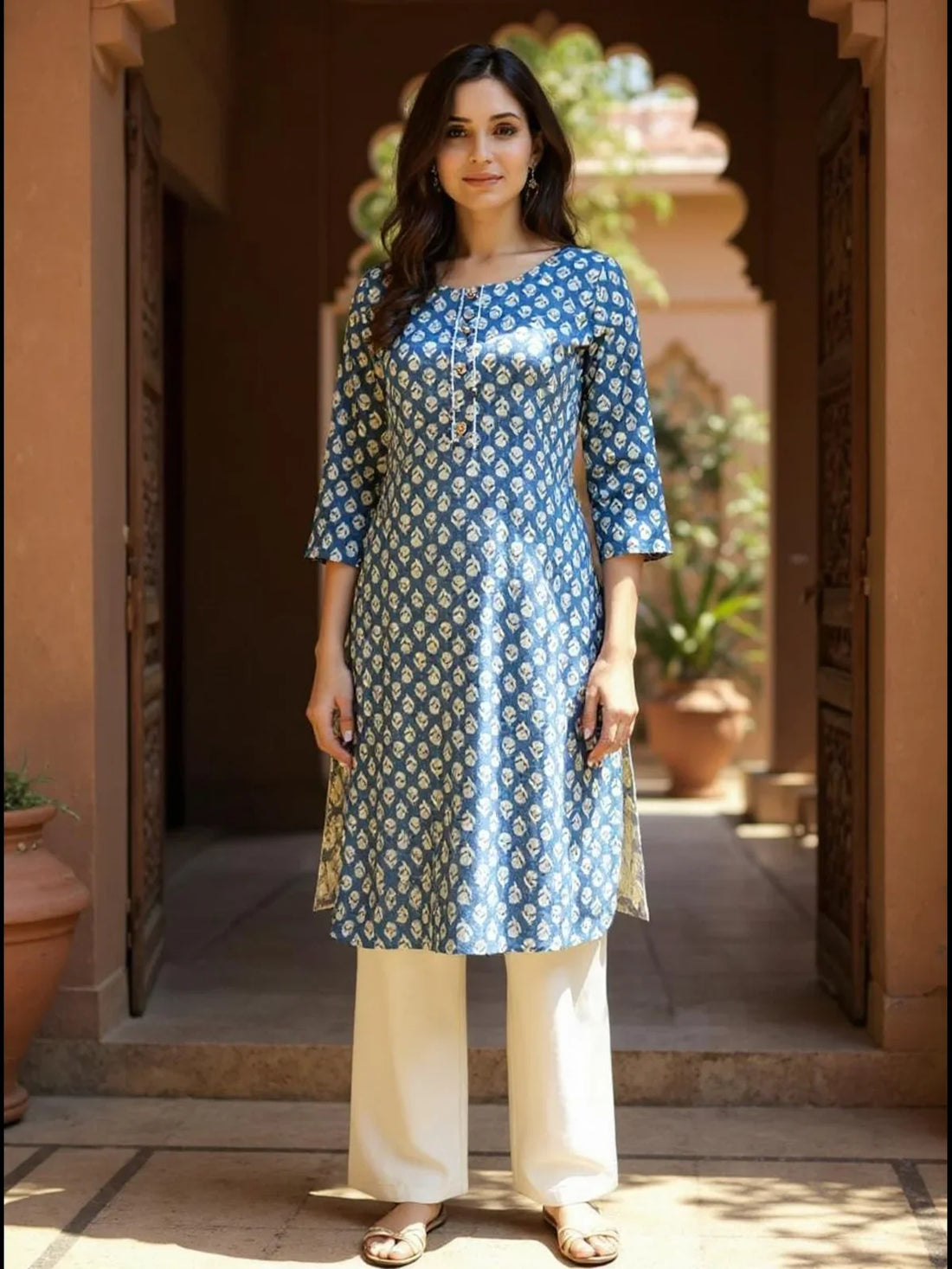 Buy Rayon Printed Straight Knee Length Kurta-Blue