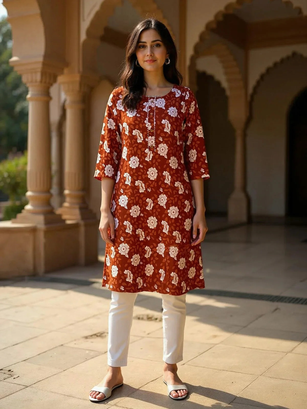 Buy Rayon Printed Straight Knee Length Straight Kurta-Rust