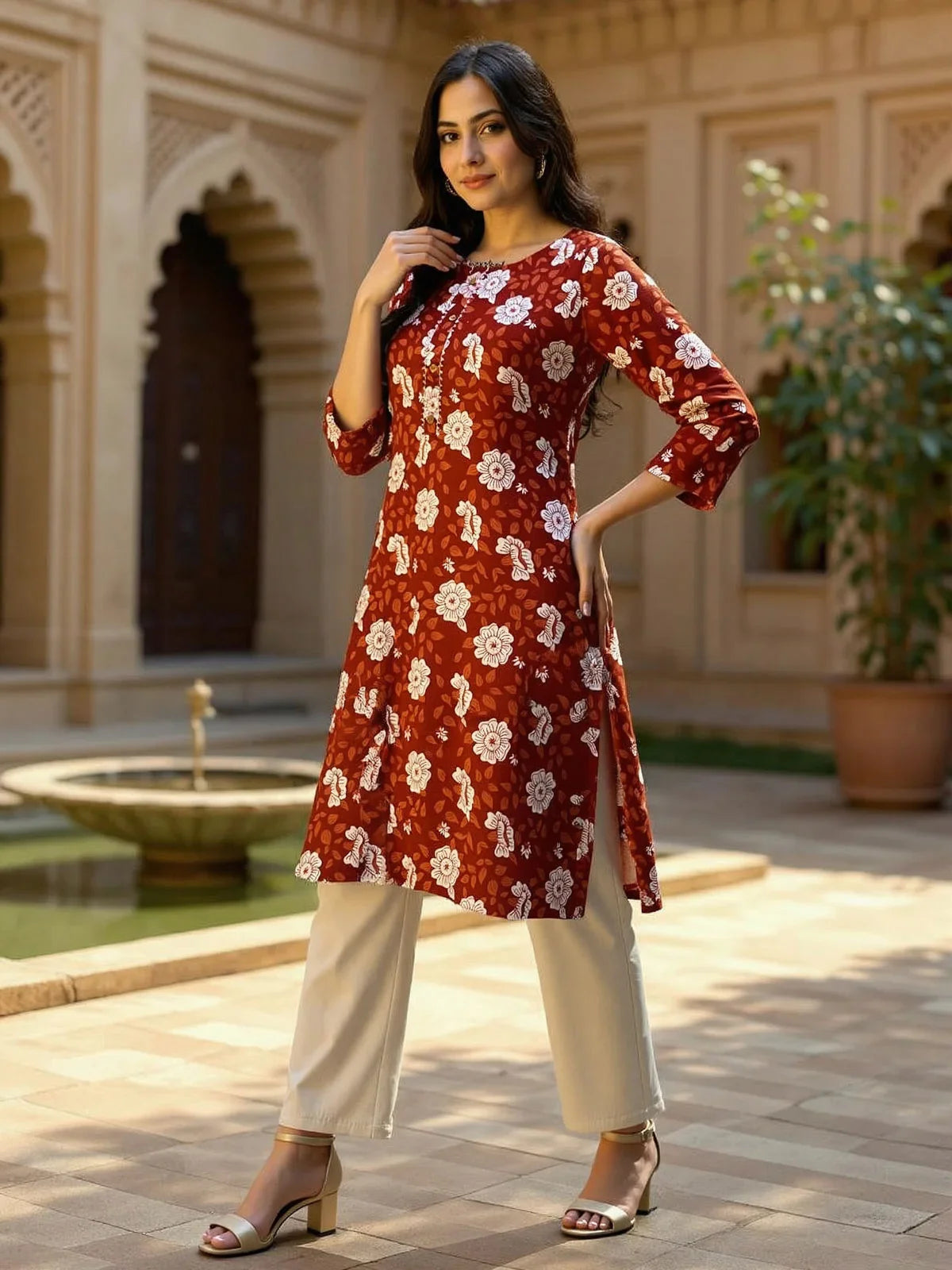 Buy Rayon Printed Straight Knee Length Straight Kurta-Rust