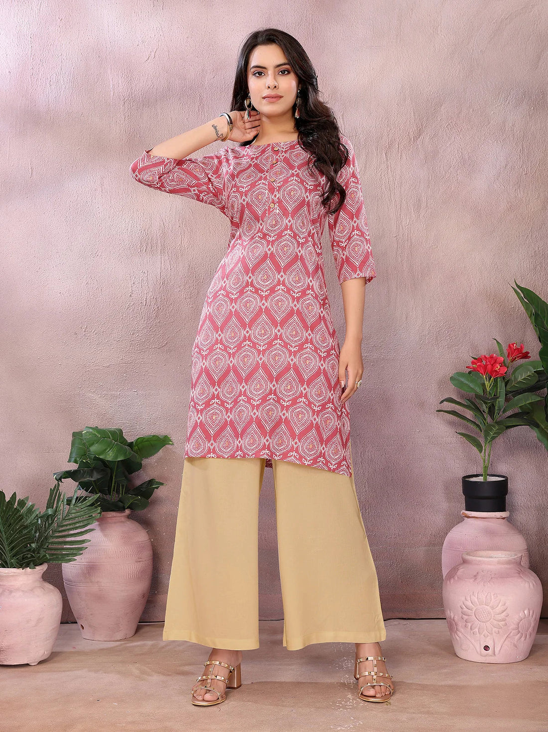 Buy Rayon Printed Straight Knee Length Kurta-Peach