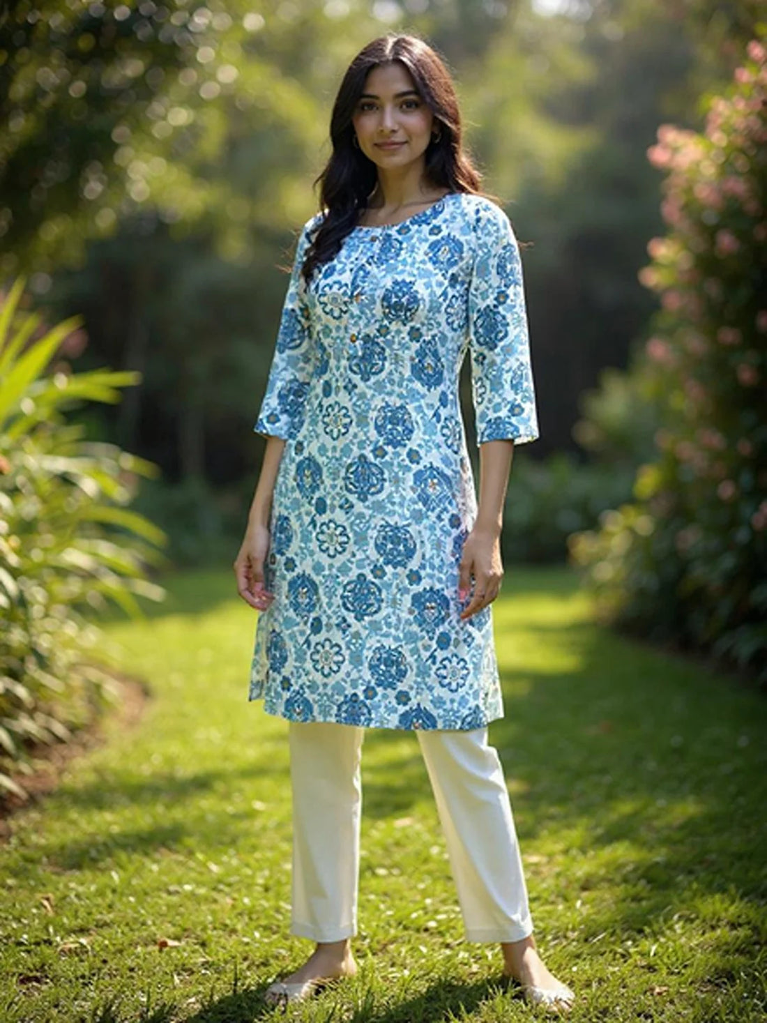 Buy Rayon Printed Straight Knee Length Kurta-Blue