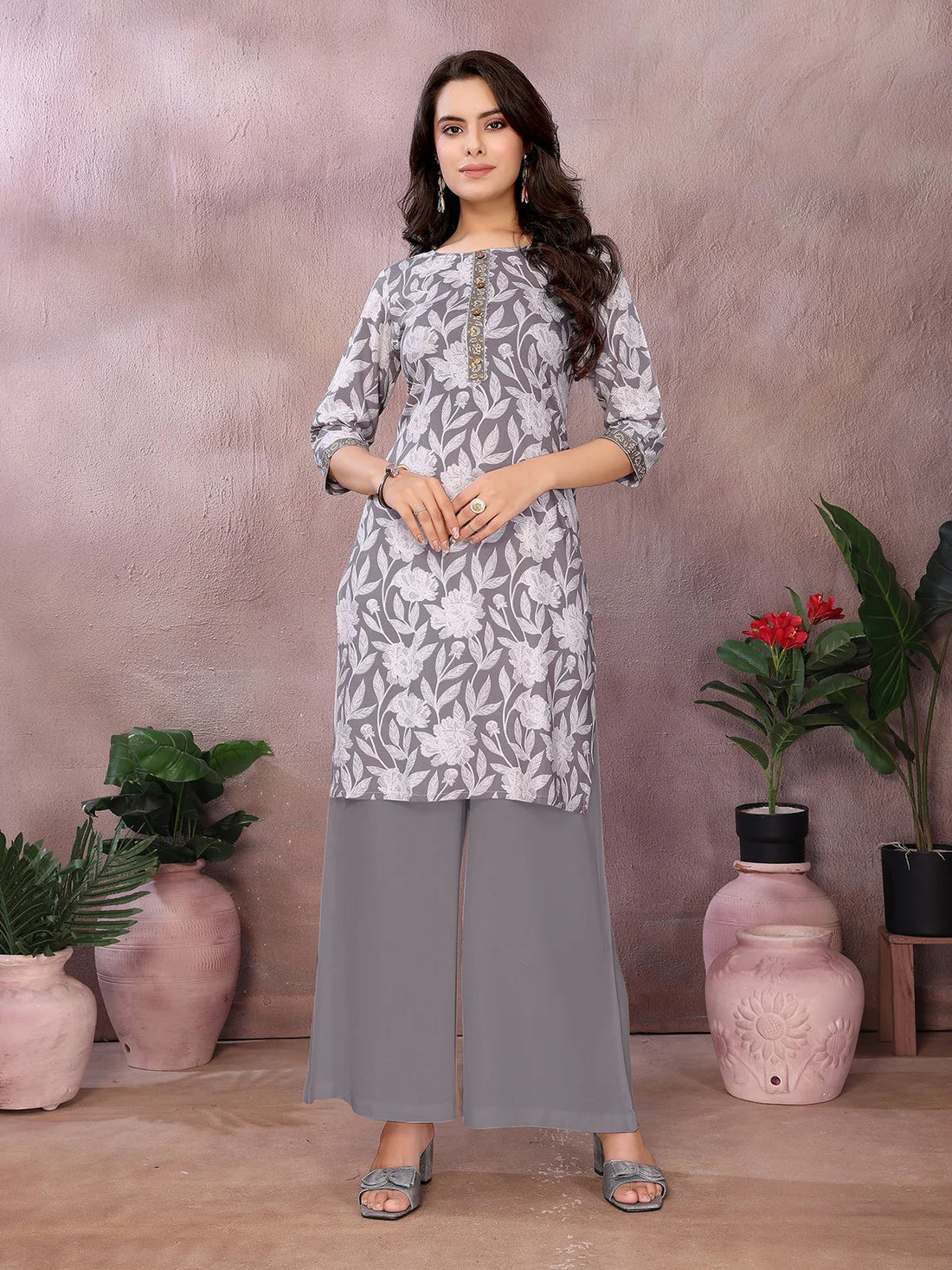 Buy Rayon Printed Straight Knee Length Kurta-Grey