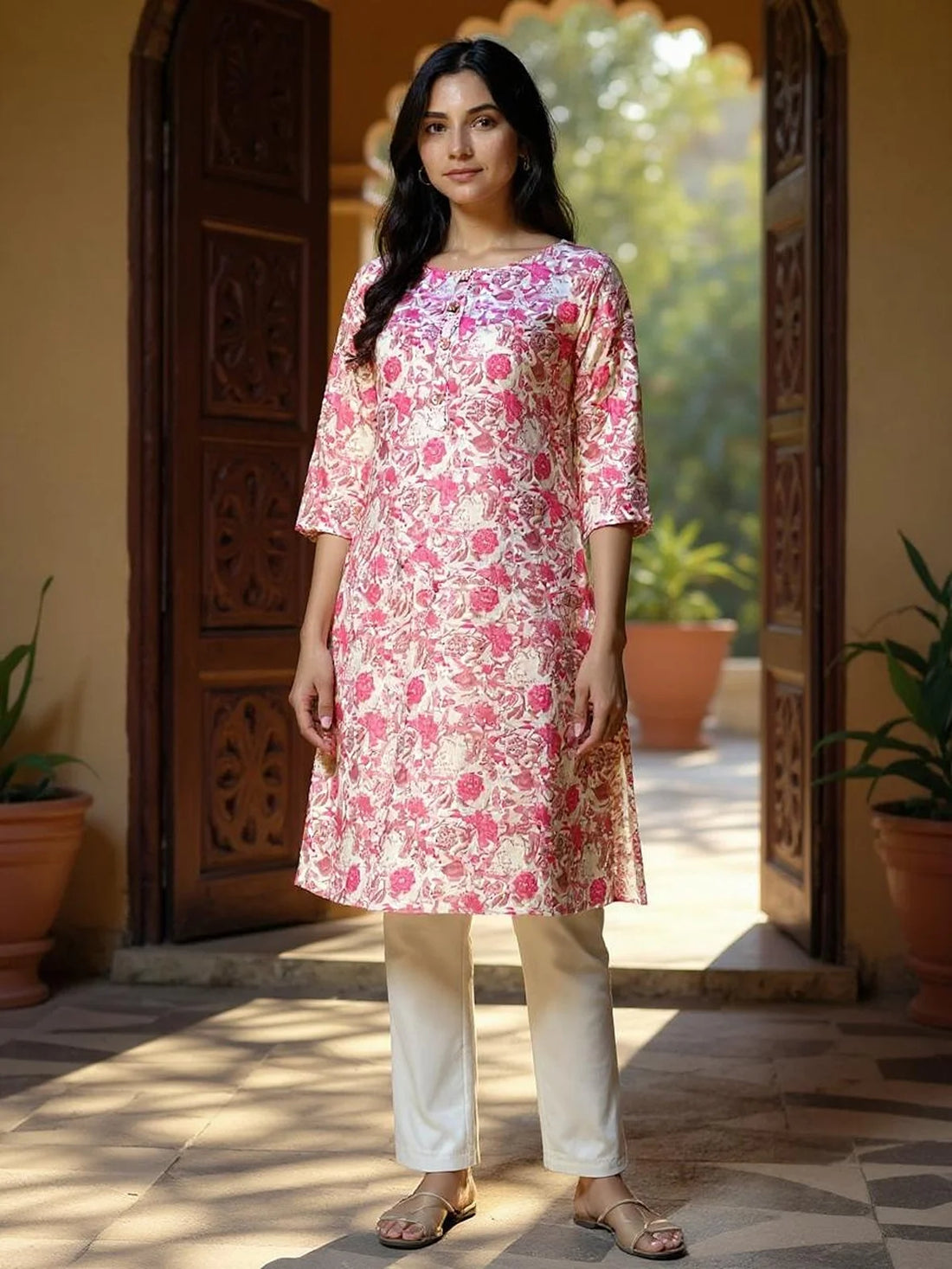 Buy Cotton Printed Straight Knee Length Kurta-Pink