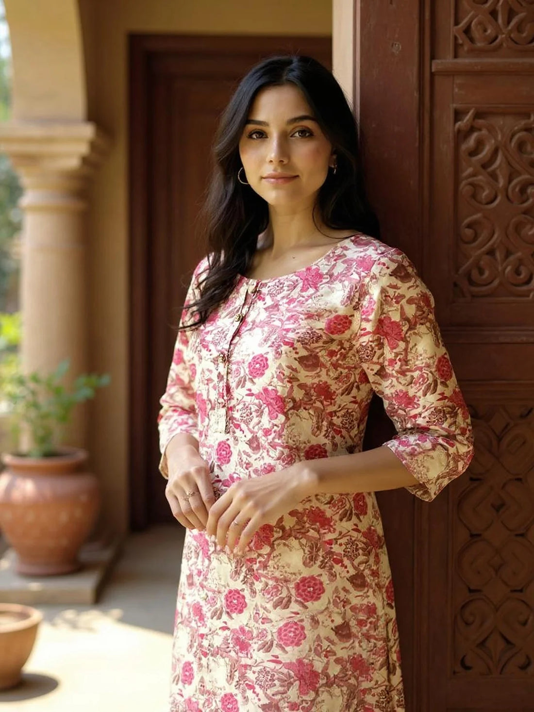 Buy Cotton Printed Straight Knee Length Kurta-Pink