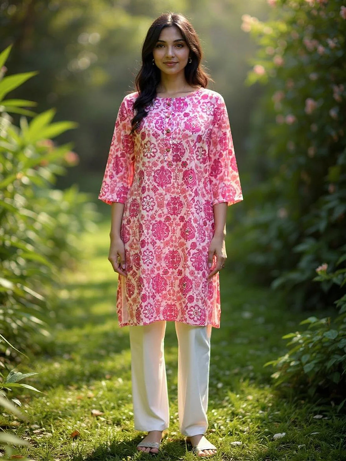 Buy Rayon Printed Straight Knee Length Kurta-Pink