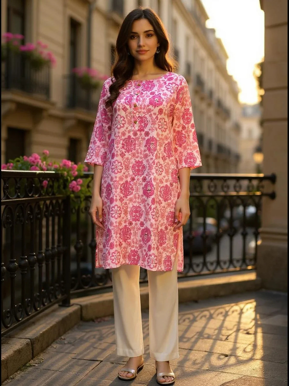 Buy Rayon Printed Straight Knee Length Kurta-Pink