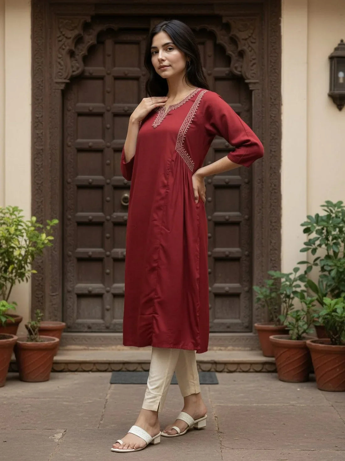 Buy Rayon Embroidered Flared Calf Length Kurta-Maroon