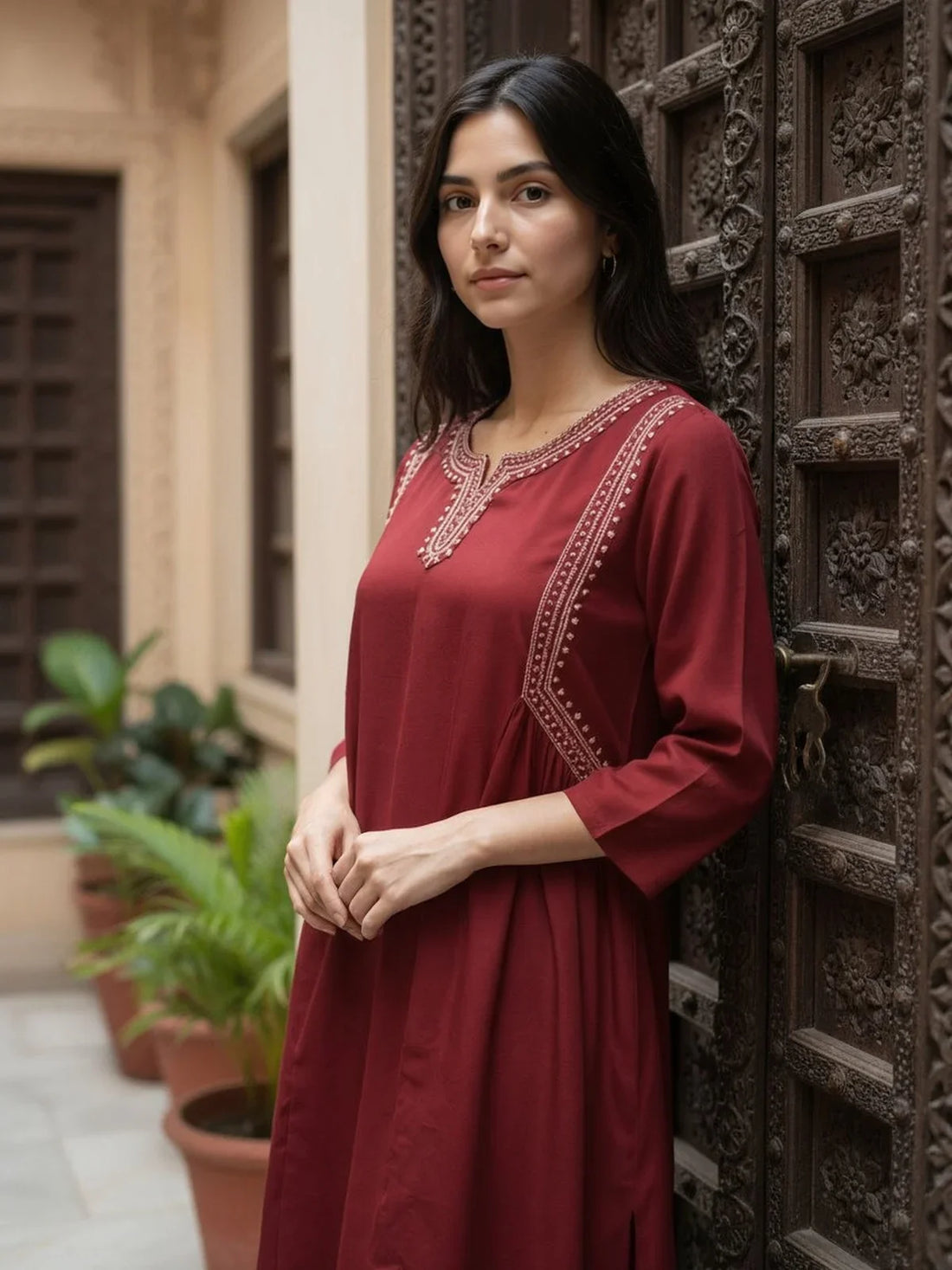 Buy Rayon Embroidered Flared Calf Length Kurta-Maroon