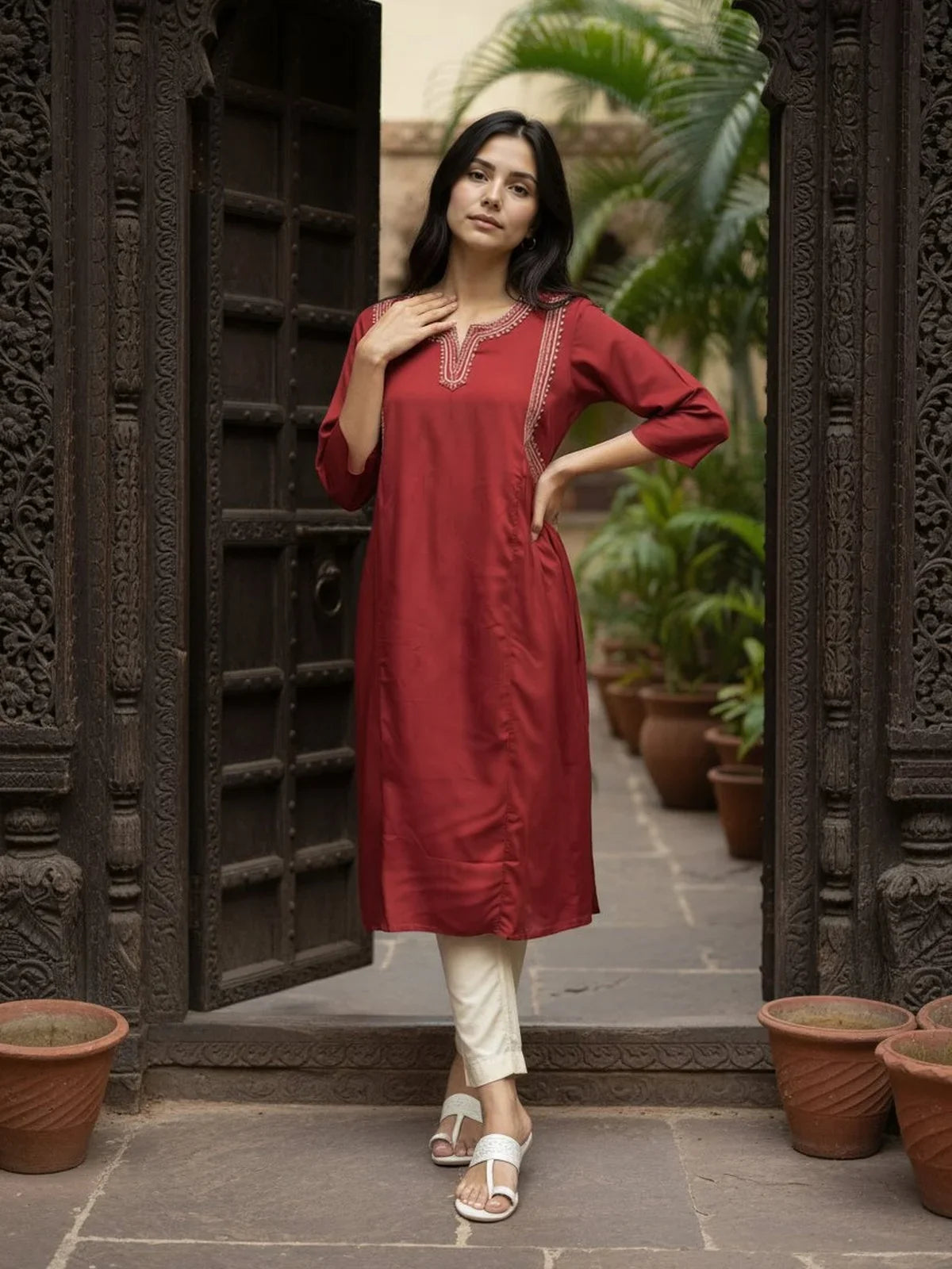 Buy Rayon Embroidered Flared Calf Length Kurta-Maroon