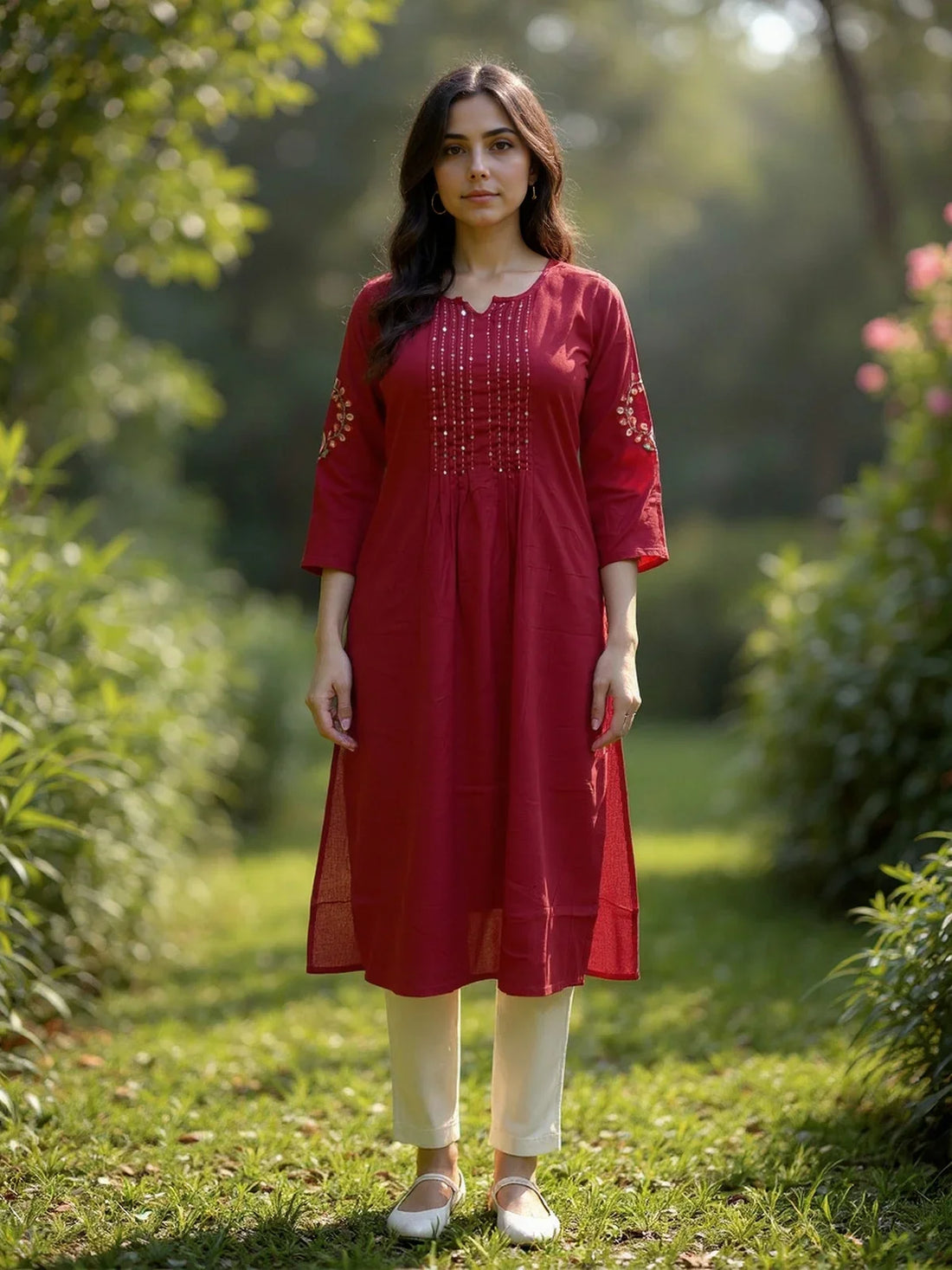 Buy Rayon Embroidered Straight Calf Length Kurta-Maroon