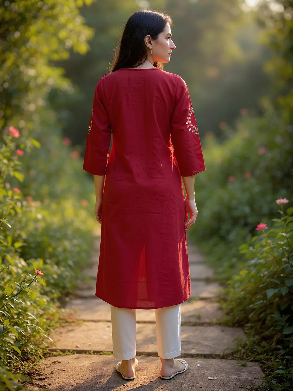 Buy Rayon Embroidered Straight Calf Length Kurta-Maroon