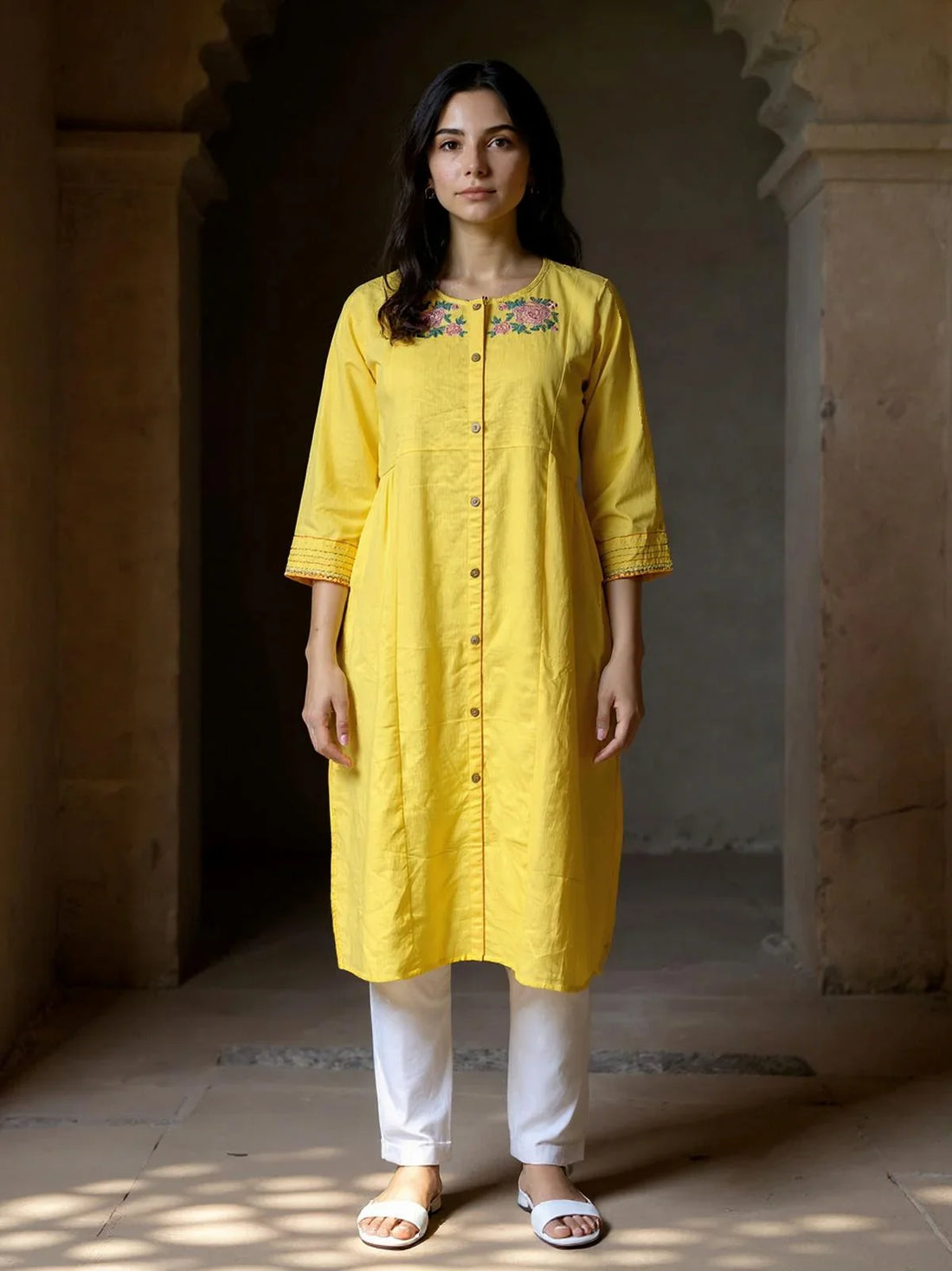 Buy Rayon Embroidered Straight Calf Length Kurta-Yellow