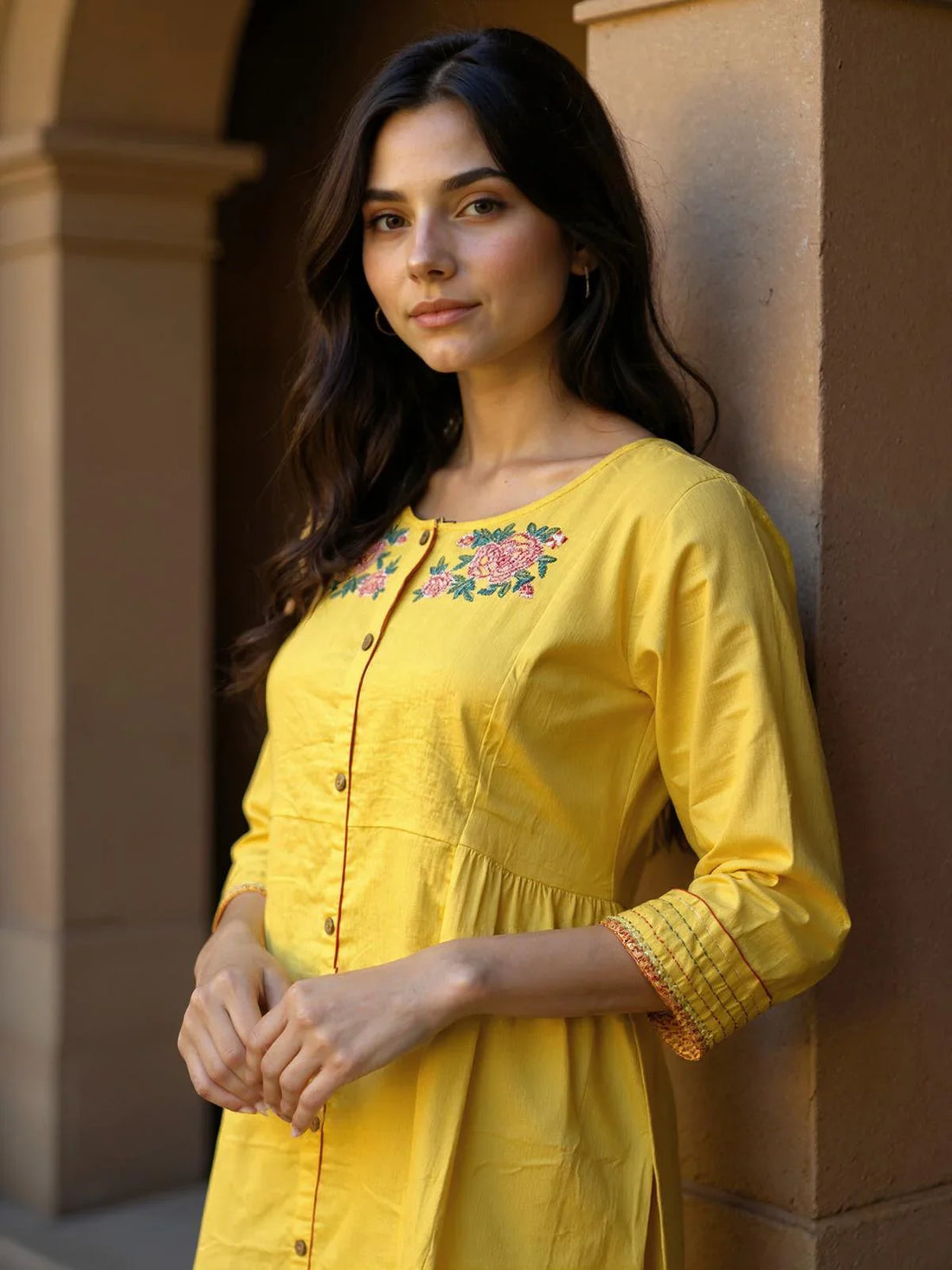Buy Rayon Embroidered Straight Calf Length Kurta-Yellow