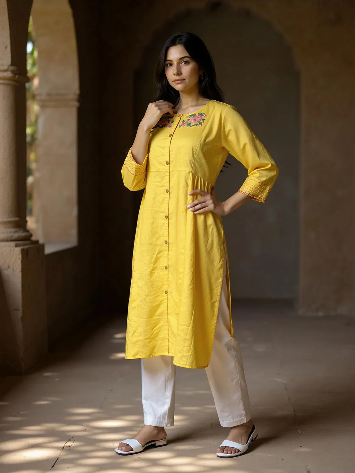 Buy Rayon Embroidered Straight Calf Length Kurta-Yellow