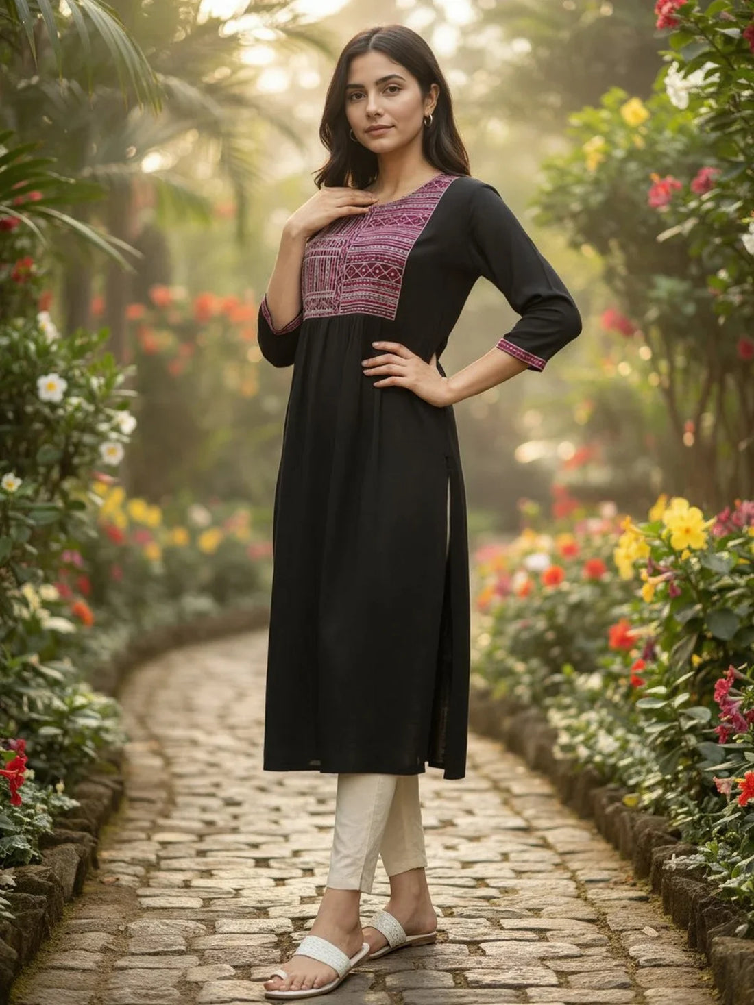 Buy Rayon Slub Embroidered A-Line Calf Length Kurta-Black