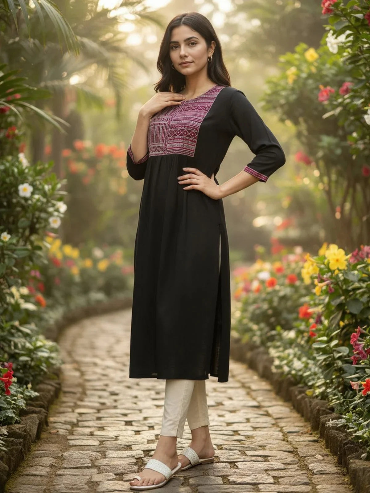 Buy Rayon Slub Embroidered A-Line Calf Length Kurta-Black