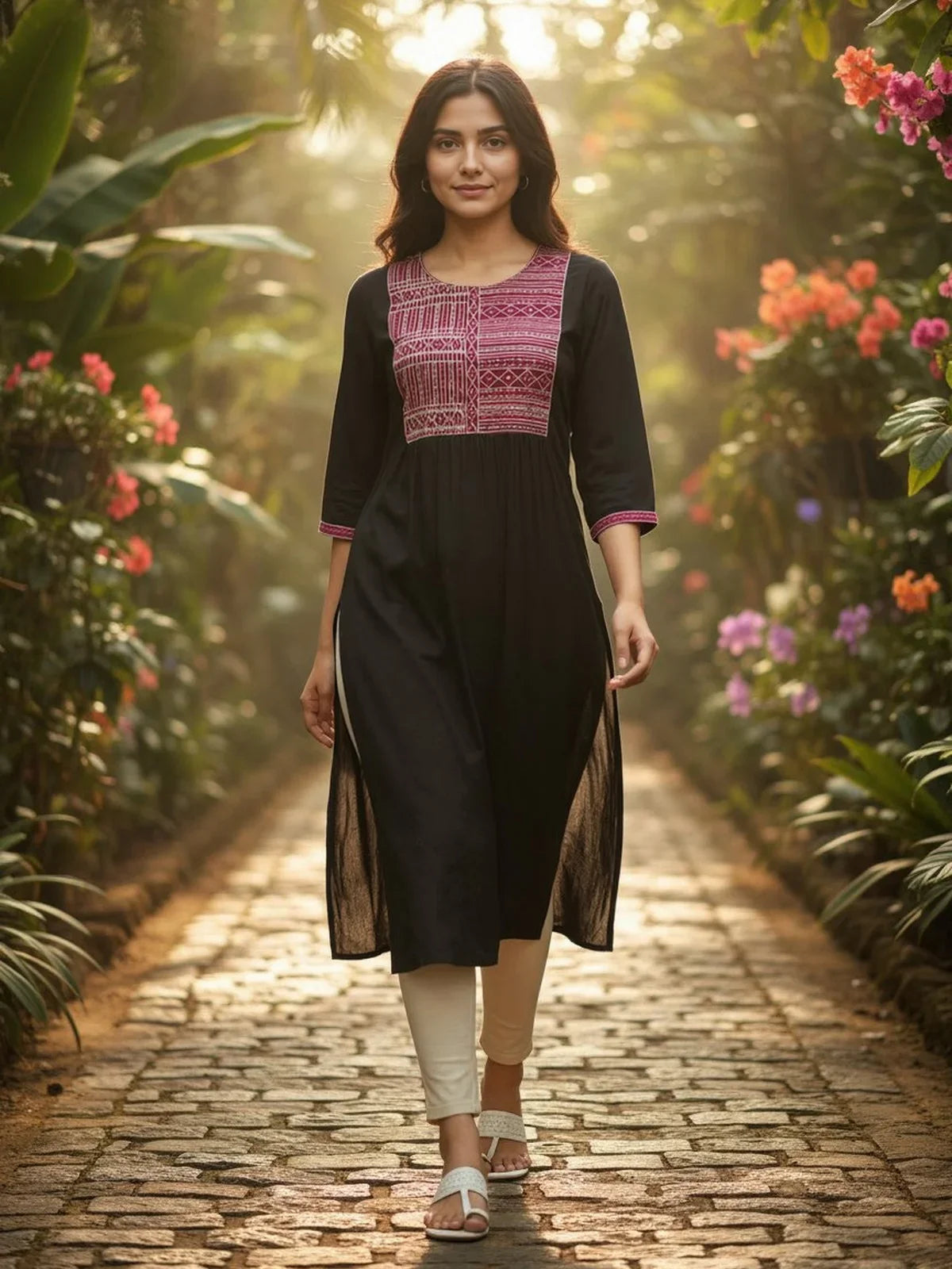 Buy Rayon Slub Embroidered A-Line Calf Length Kurta-Black