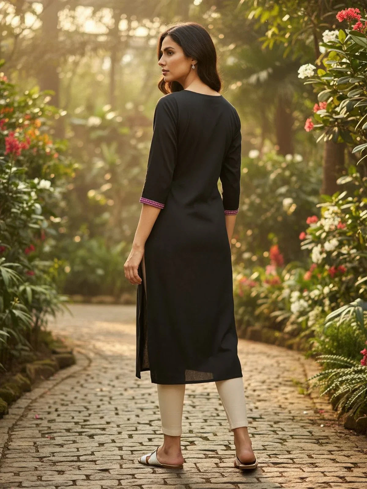 Buy Rayon Slub Embroidered A-Line Calf Length Kurta-Black