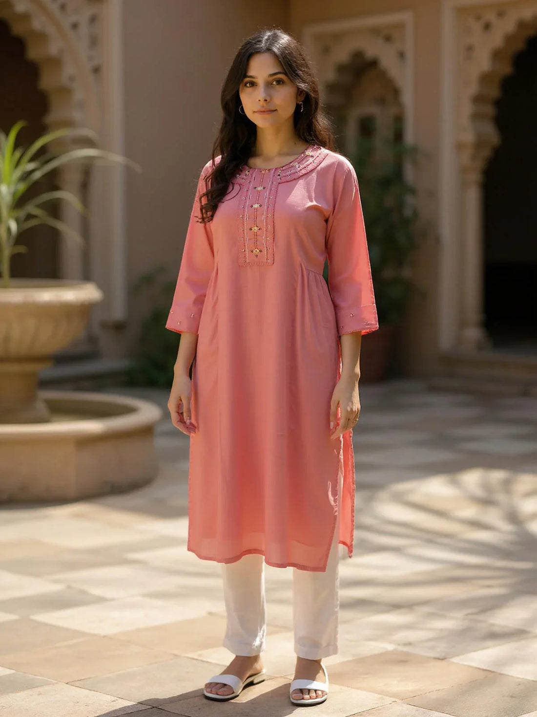 Buy Rayon Embroidered Straight Calf Length Kurta-Pink