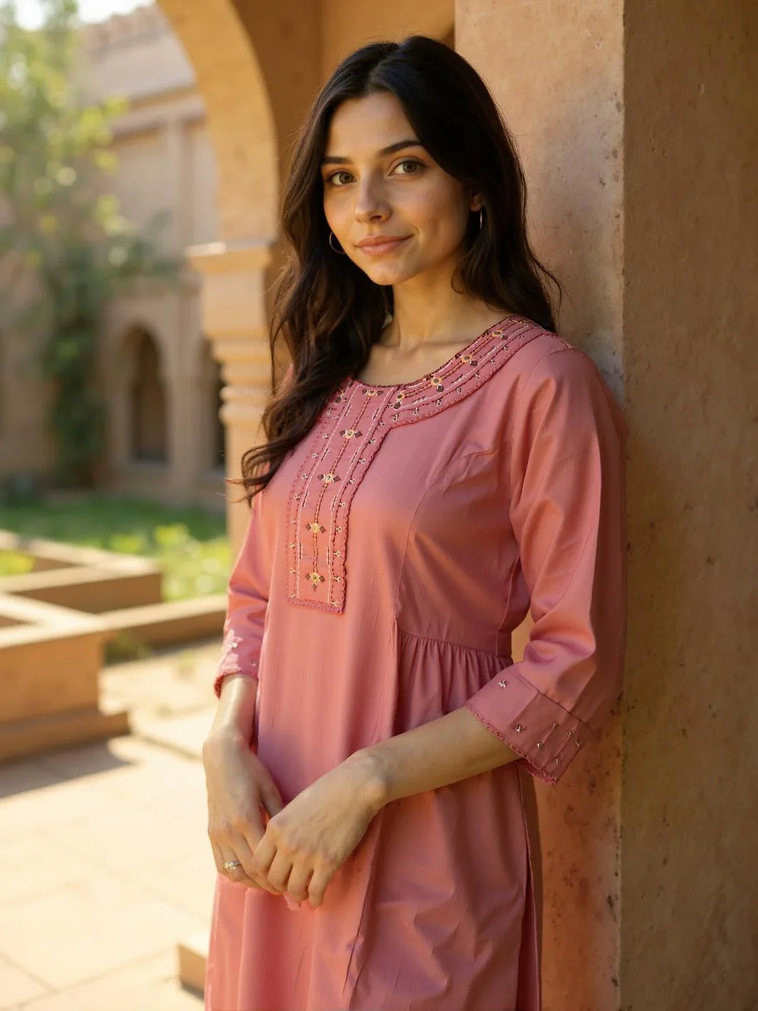 Buy Rayon Embroidered Straight Calf Length Kurta-Pink
