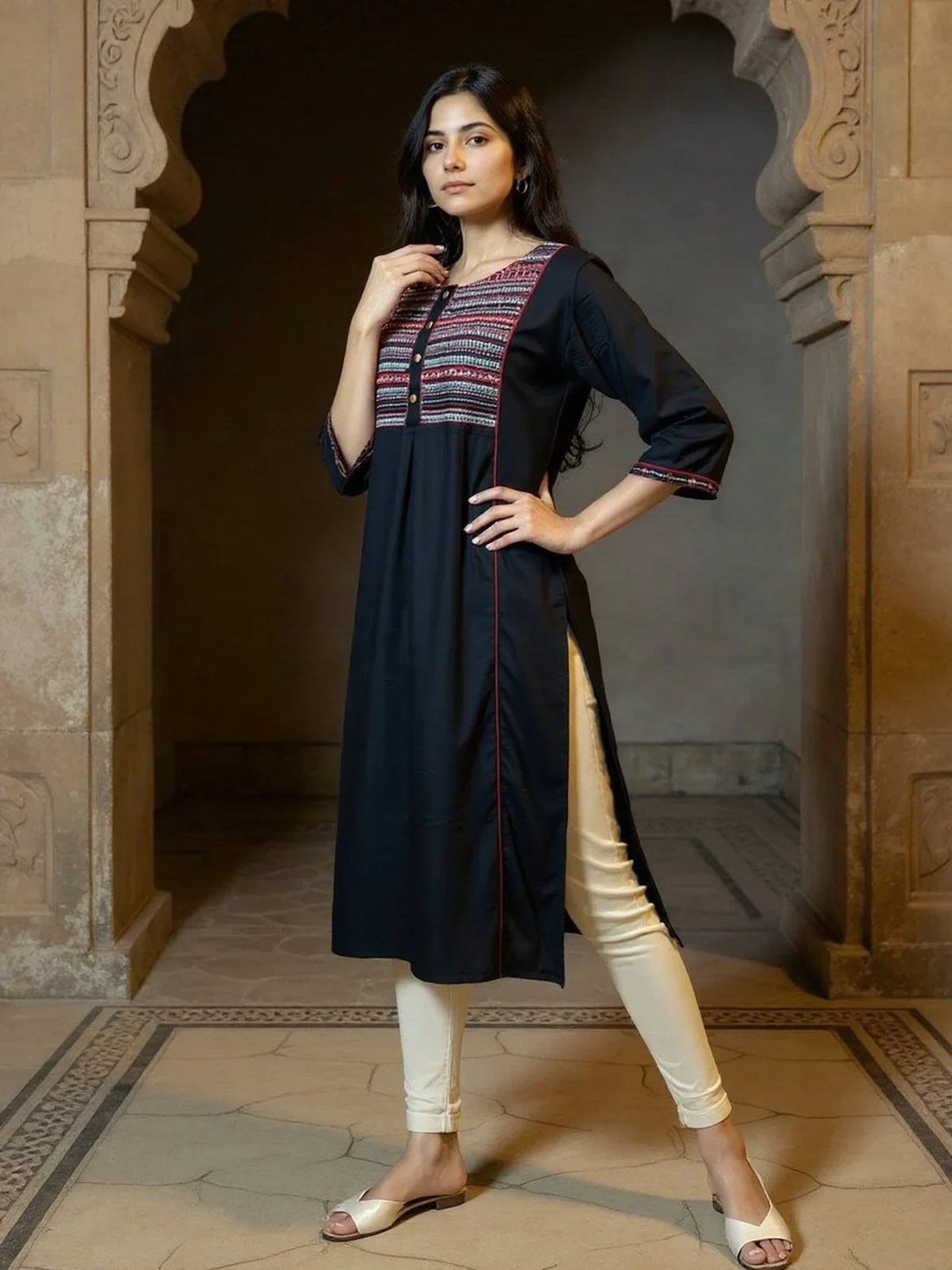 Buy Rayon Slub Embroidered Straight Calf Length Kurta-Black