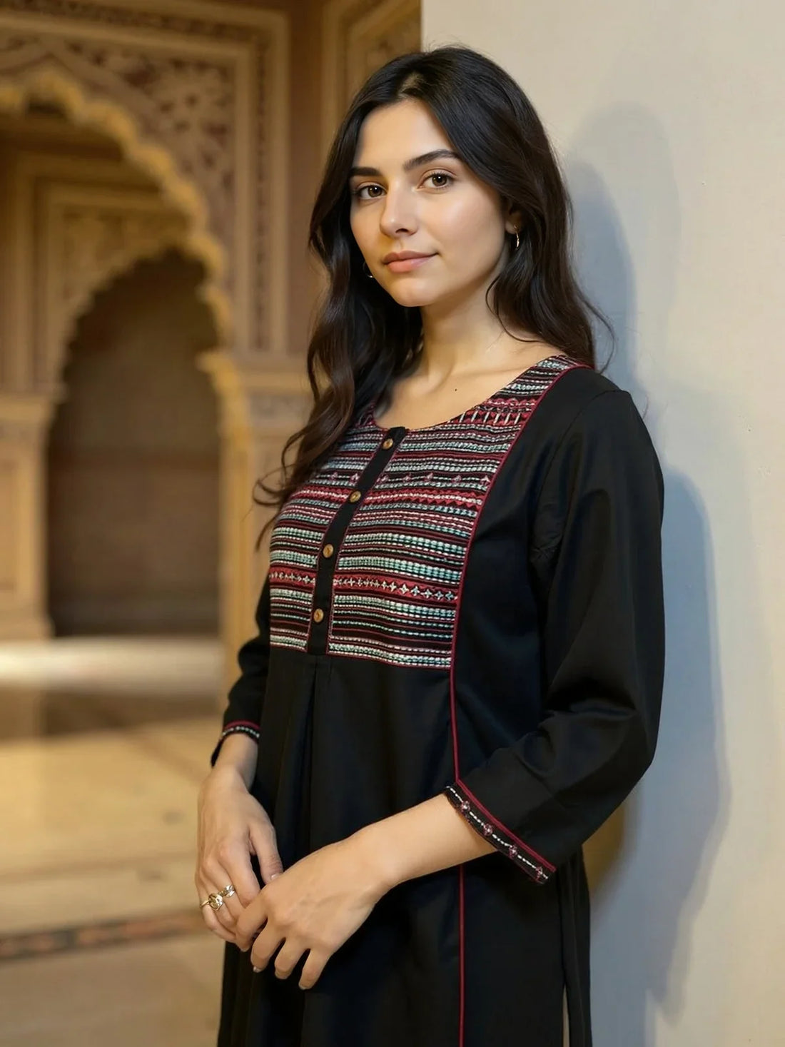 Buy Rayon Slub Embroidered Straight Calf Length Kurta-Black