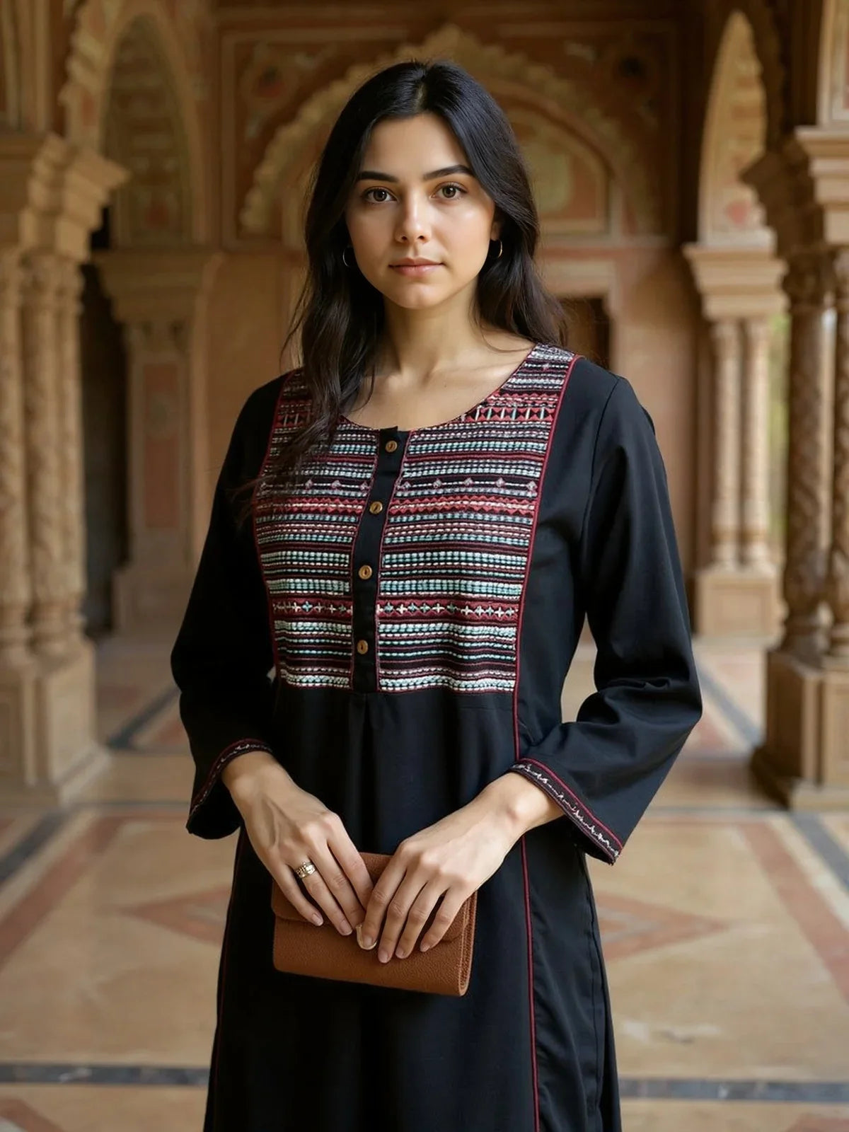 Buy Rayon Slub Embroidered Straight Calf Length Kurta-Black