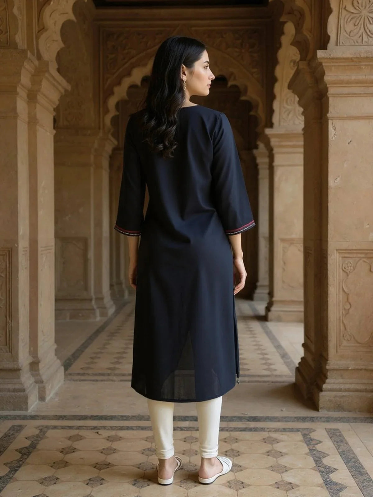 Buy Rayon Slub Embroidered Straight Calf Length Kurta-Black