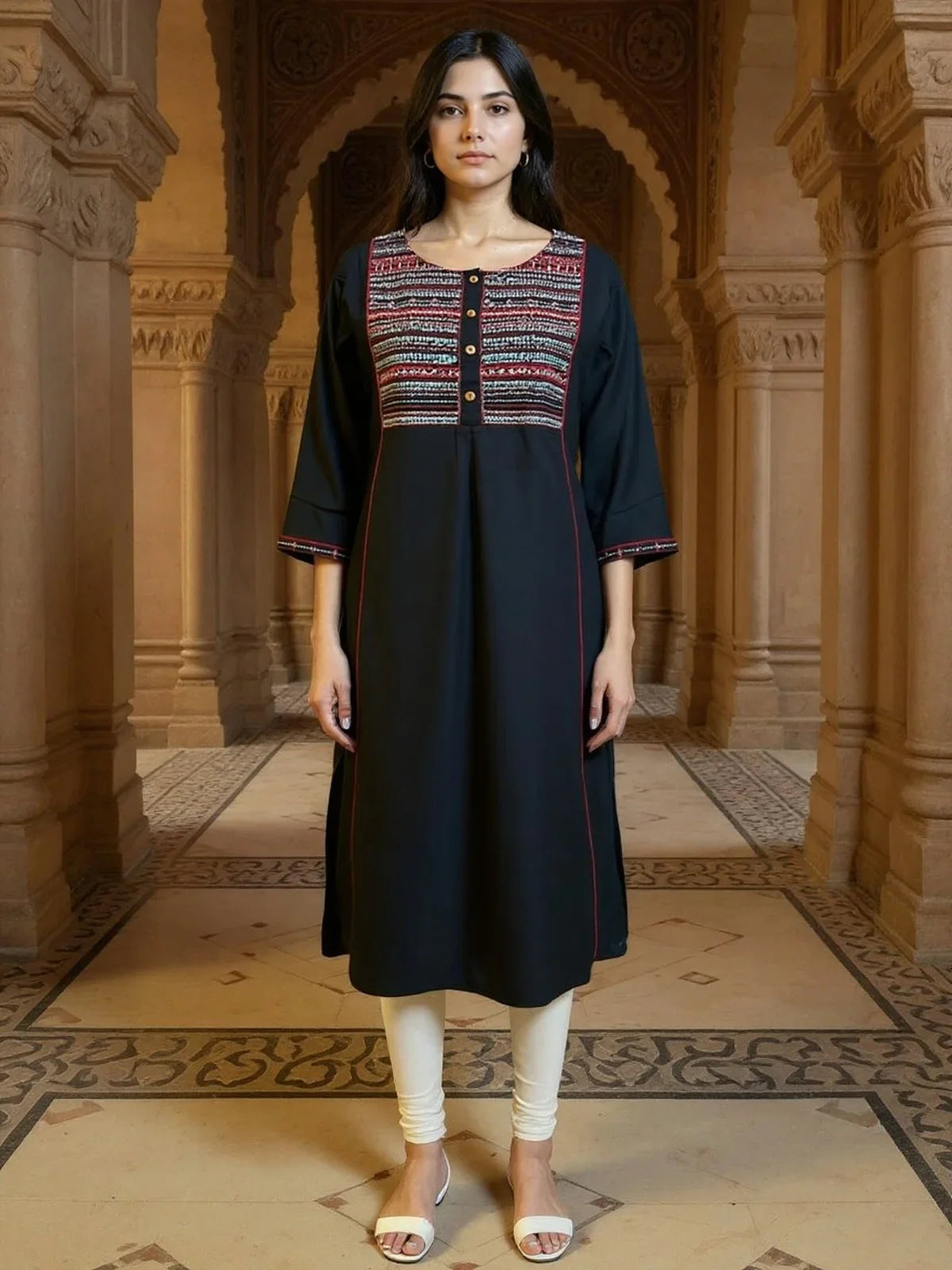 Buy Rayon Slub Embroidered Straight Calf Length Kurta-Black