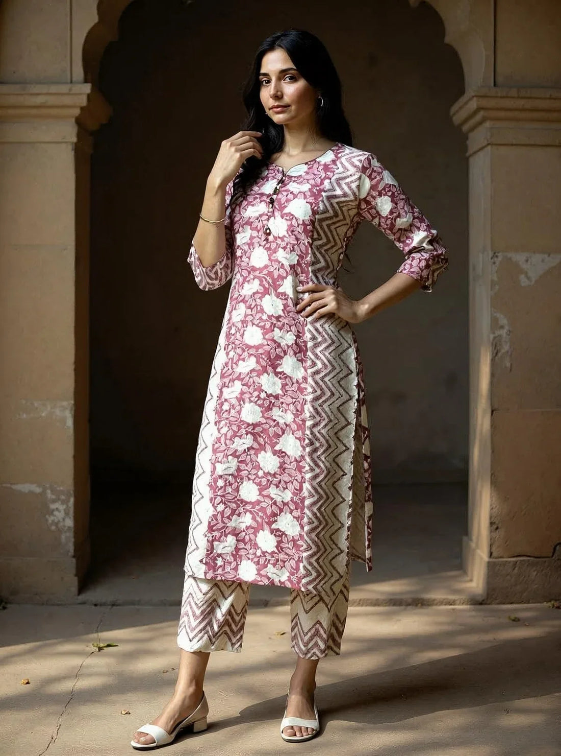 Buy Rayon Printed Straight Calf Length Kurta with Pant-Mauve