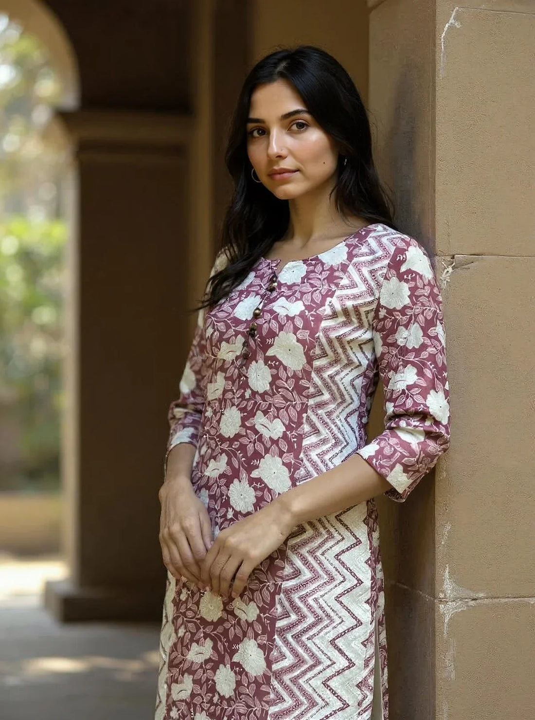 Buy Rayon Printed Straight Calf Length Kurta with Pant-Mauve