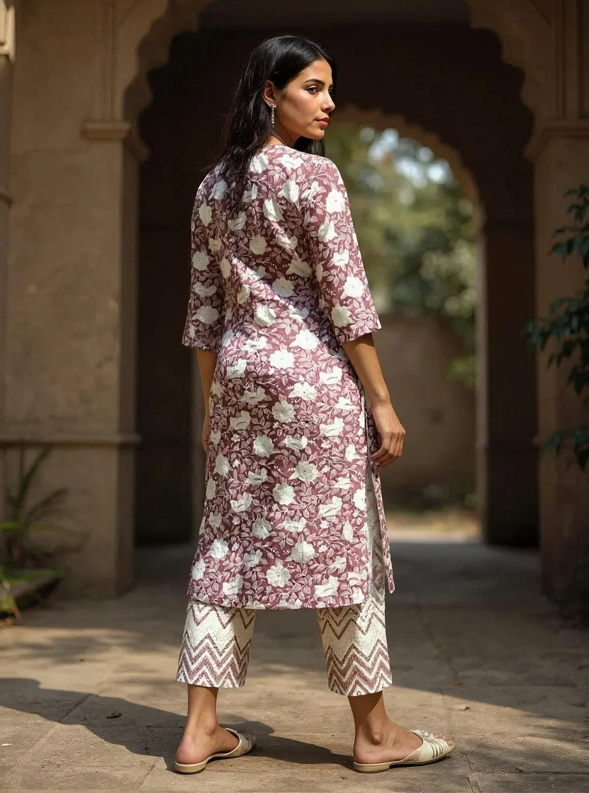 Buy Rayon Printed Straight Calf Length Kurta with Pant-Mauve