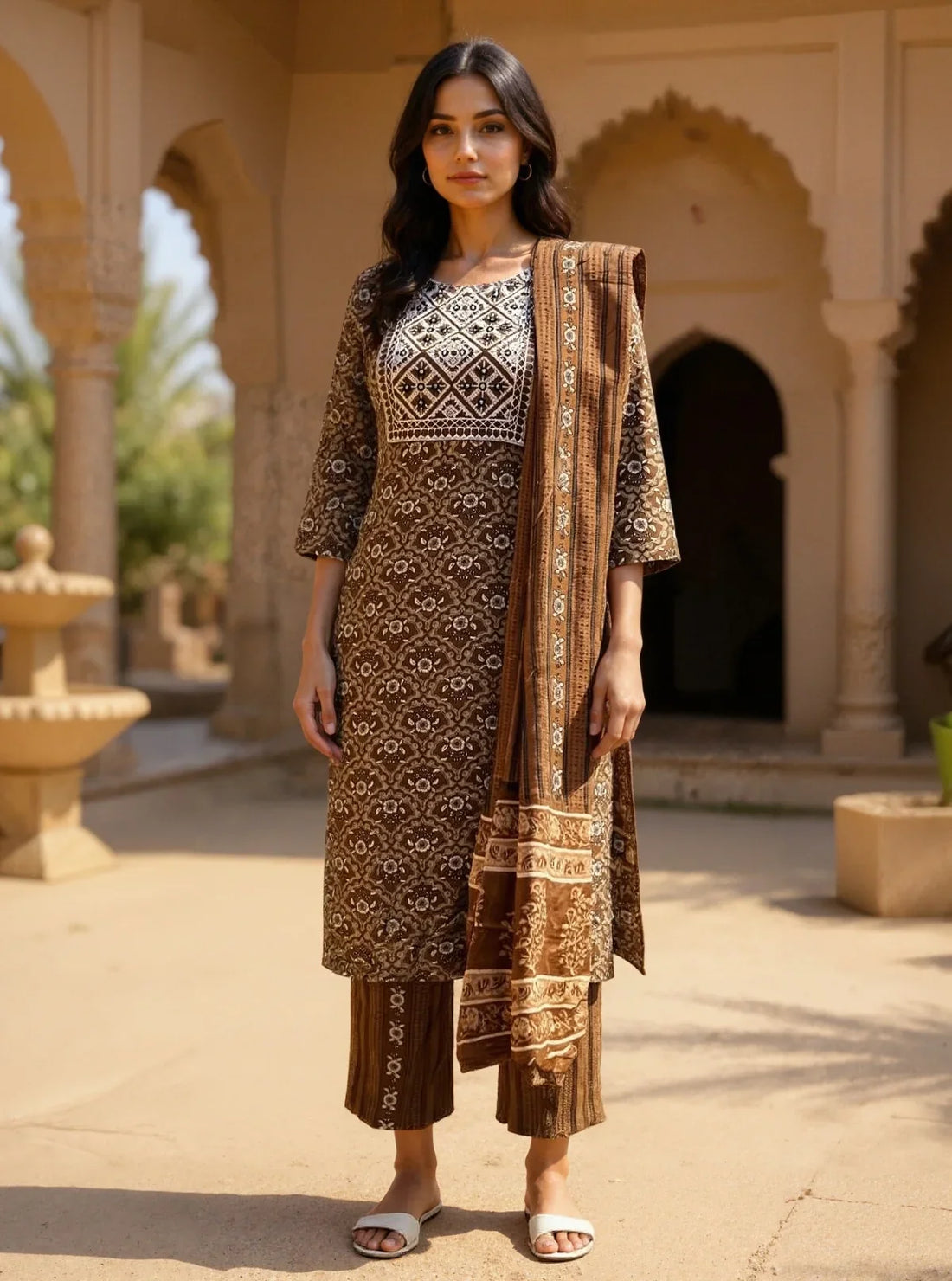 Buy Cotton Embroidered Anarkali Calf Length Kurta with Pant and Dupatta-Brown