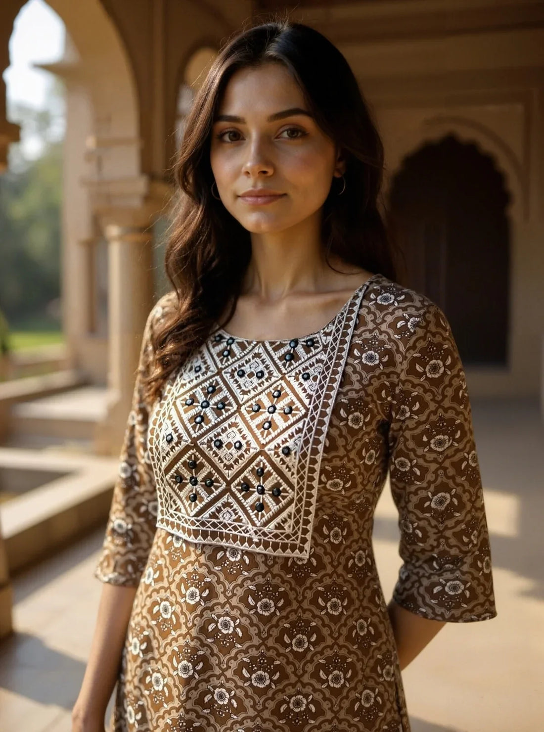 Buy Cotton Embroidered Anarkali Calf Length Kurta with Pant and Dupatta-Brown