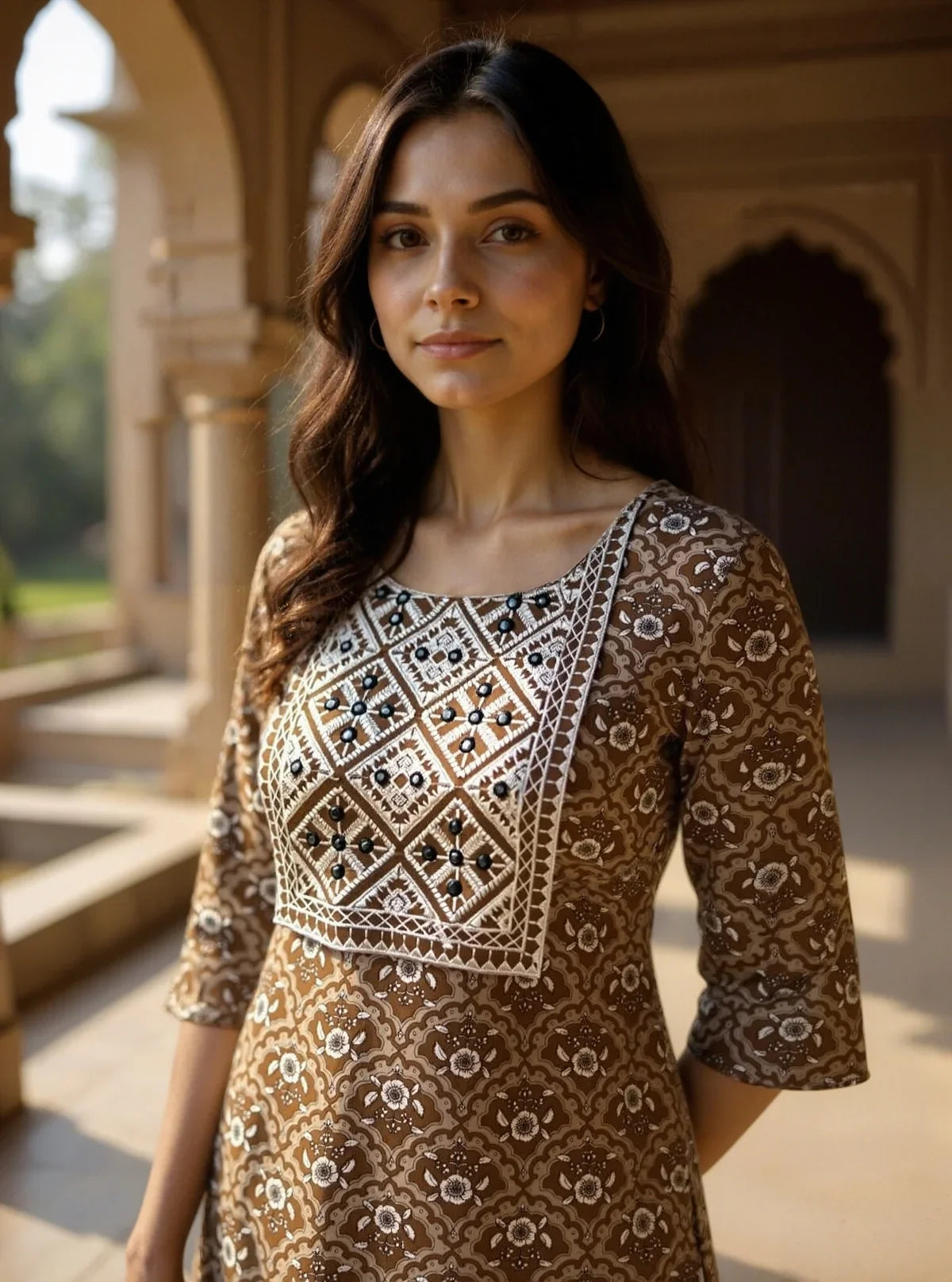 Buy Cotton Embroidered Anarkali Calf Length Kurta with Pant and Dupatta-Brown