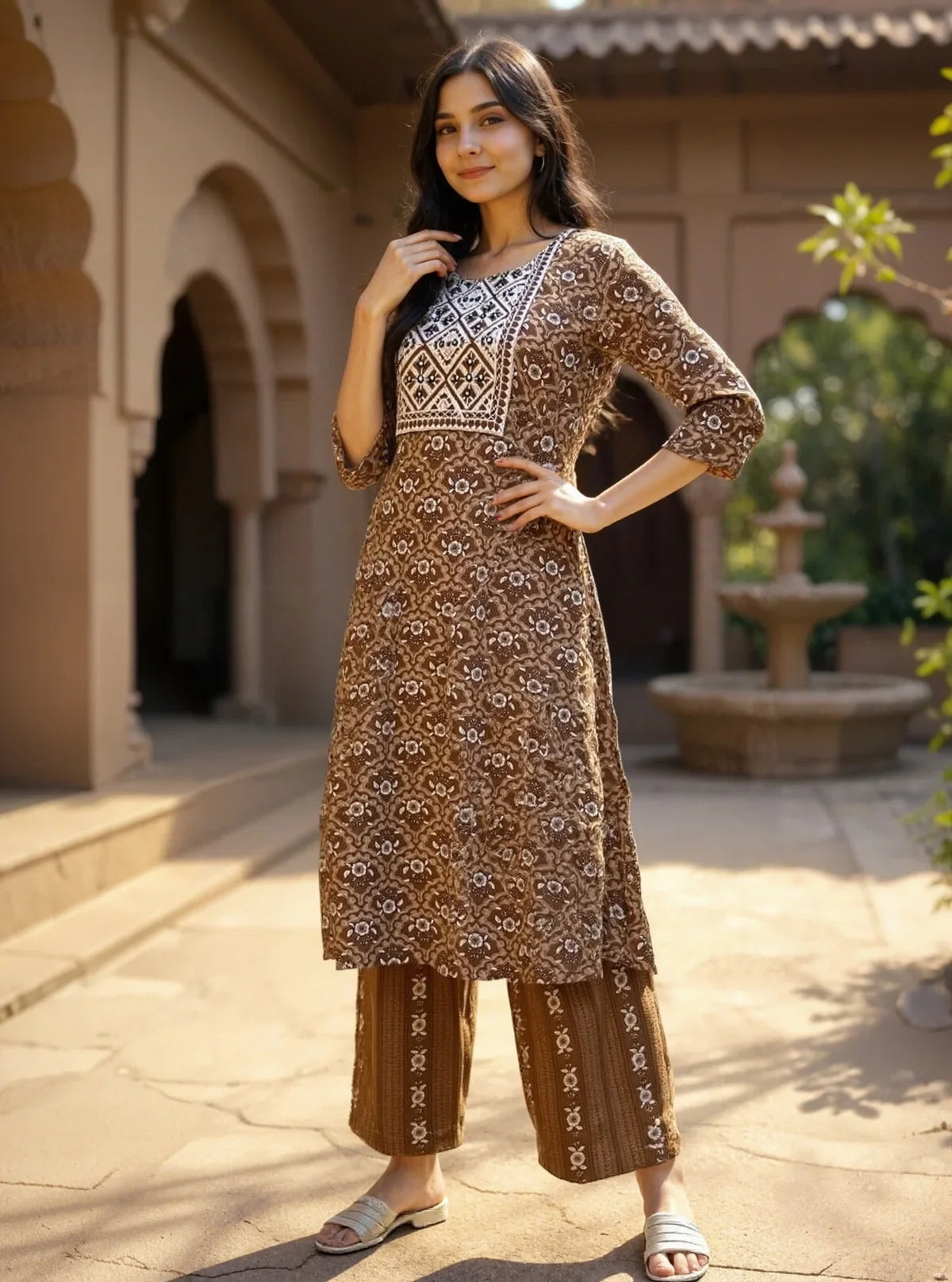 Buy Cotton Embroidered Anarkali Calf Length Kurta with Pant and Dupatta-Brown
