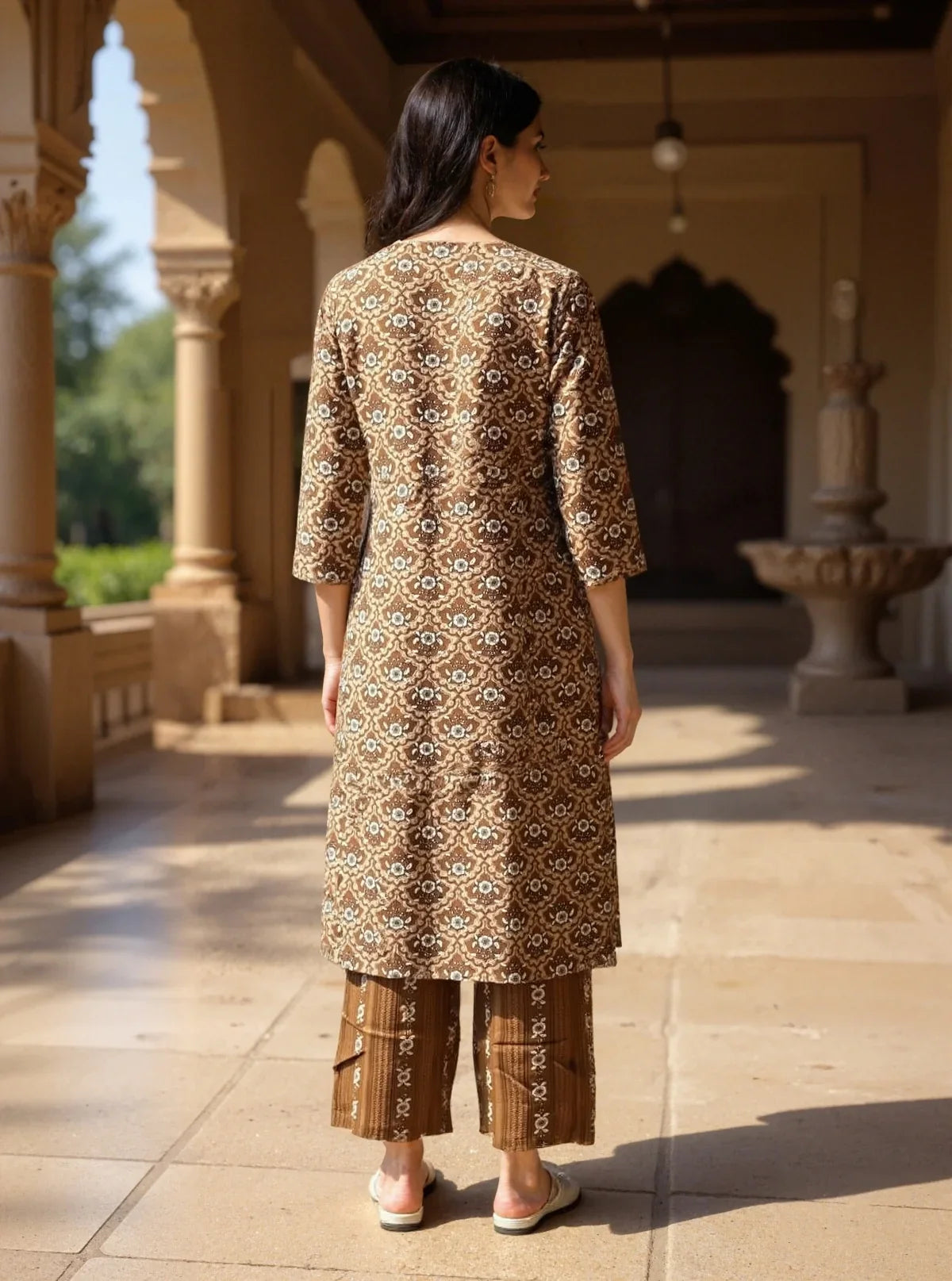 Buy Cotton Embroidered Anarkali Calf Length Kurta with Pant and Dupatta-Brown
