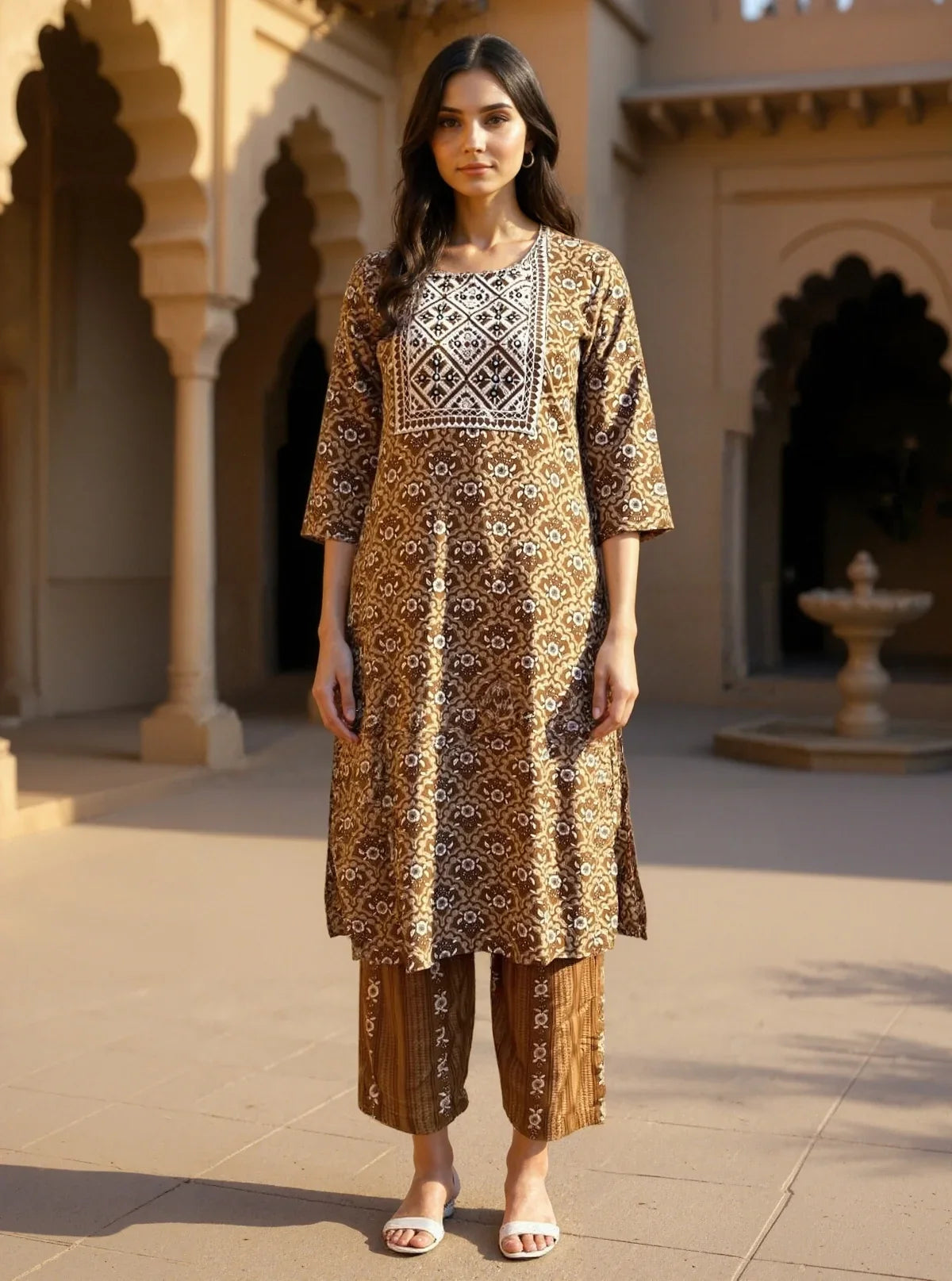 Buy Cotton Embroidered Anarkali Calf Length Kurta with Pant and Dupatta-Brown